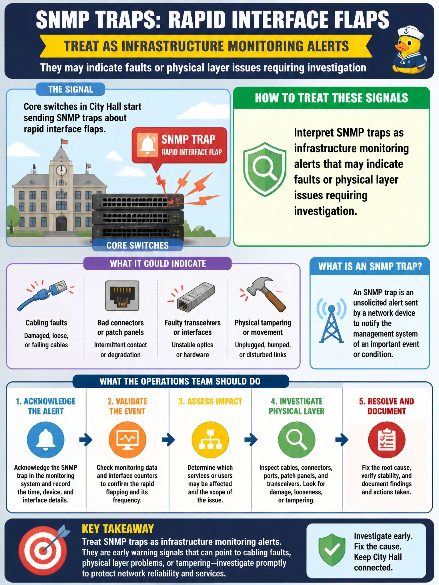 To Create an exciting colorful infographic that explains the concepts in the question: Question: Network ops for city hall suddenly receives notifications that several switch interfaces are flapping up and down. Which monitoring signal is most likely delivering those infrastructure alerts? Correct Answer: SNMP traps from the switches reporting interface status changes Put EVERY visible label in double quotes. No people. No A/B/C/D letters. In one of the four corners put a little "Navy Duck".