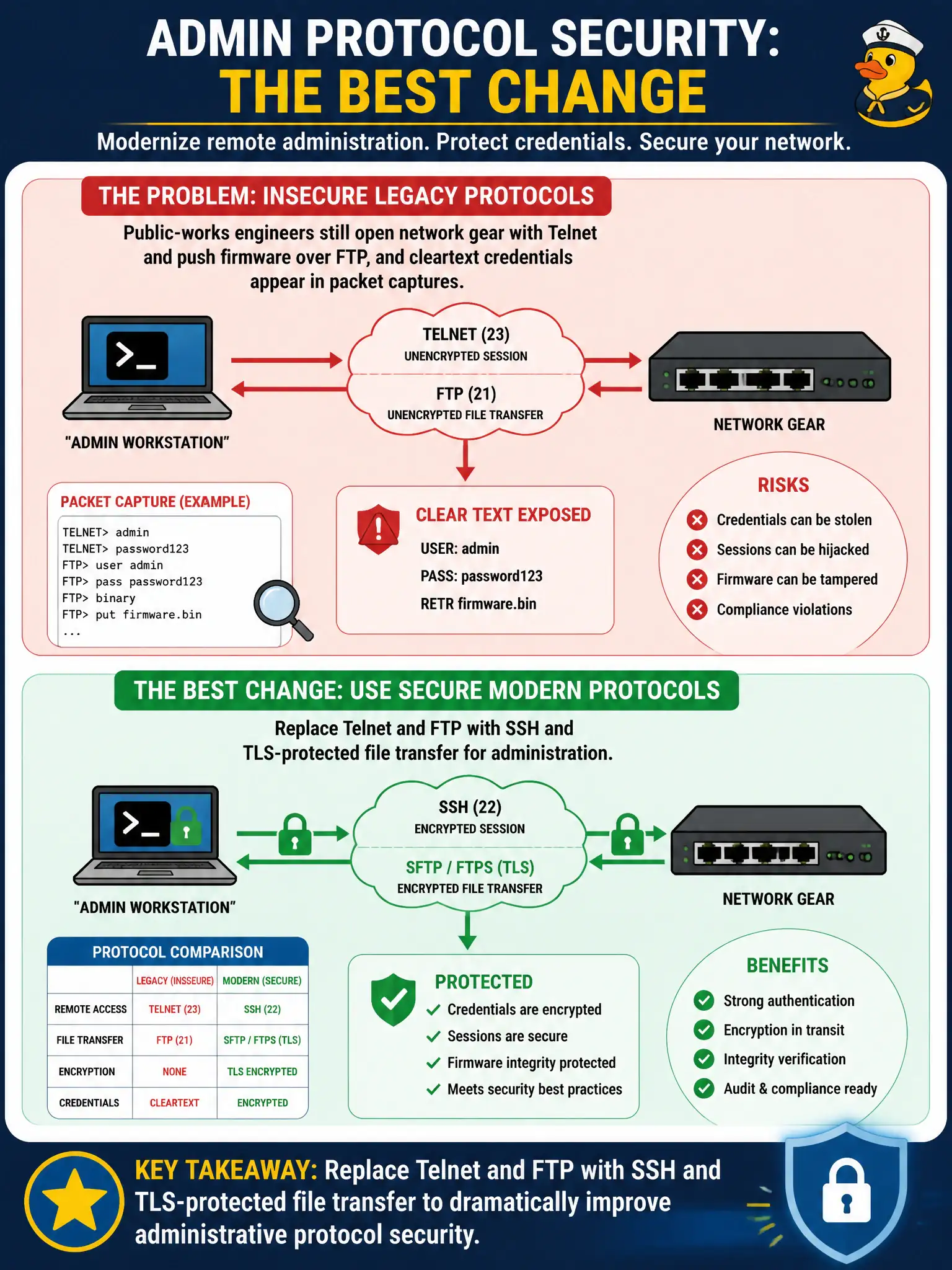 To Create an exciting colorful infographic that explains the concepts in the question: Question: Public-works engineers still open network gear with Telnet and push firmware over FTP, and cleartext credentials appear in packet captures. Which change best improves administrative protocol security? Correct Answer: Replace Telnet and FTP with SSH and TLS-protected file transfer for administration Put EVERY visible label in double quotes. No people. No A/B/C/D letters. In one of the four corners put a little "Navy Duck".