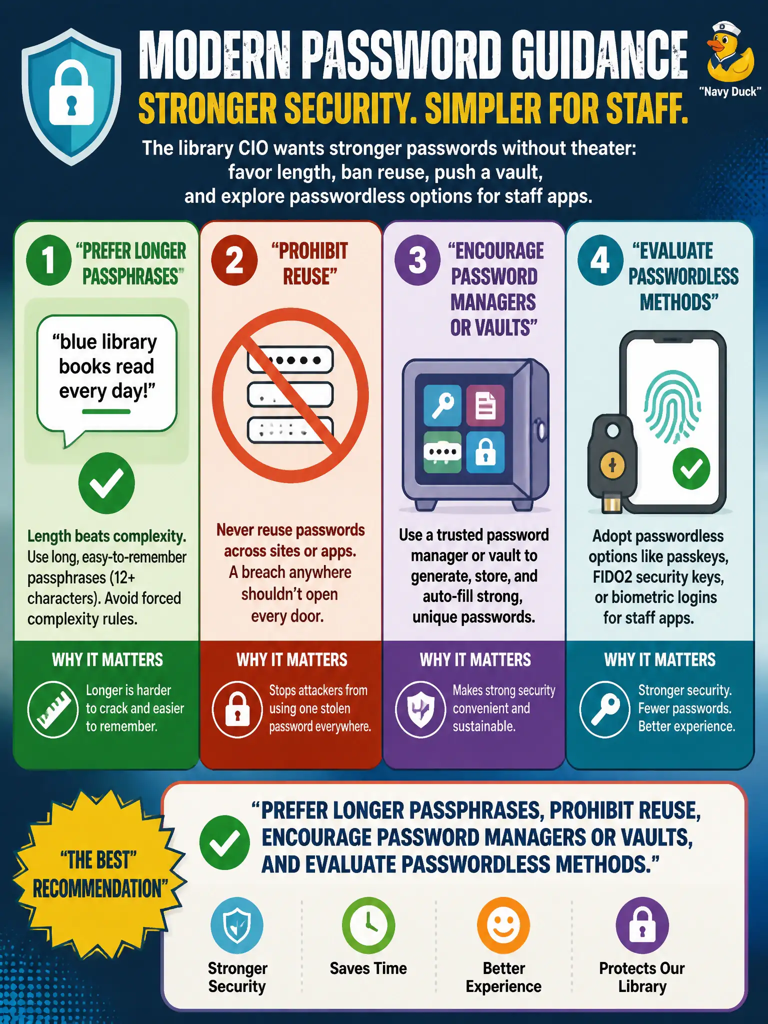 To Create an exciting colorful infographic that explains the concepts in the question: Question: The library CIO wants stronger passwords without theater: favor length, ban reuse, push a vault, and explore passwordless options for staff apps. Which recommendation best matches modern password guidance? Correct Answer: Prefer longer passphrases, prohibit reuse, encourage password managers or vaults, and evaluate passwordless methods Put EVERY visible label in double quotes. No people. No A/B/C/D letters. In one of the four corners put a little "Navy Duck".