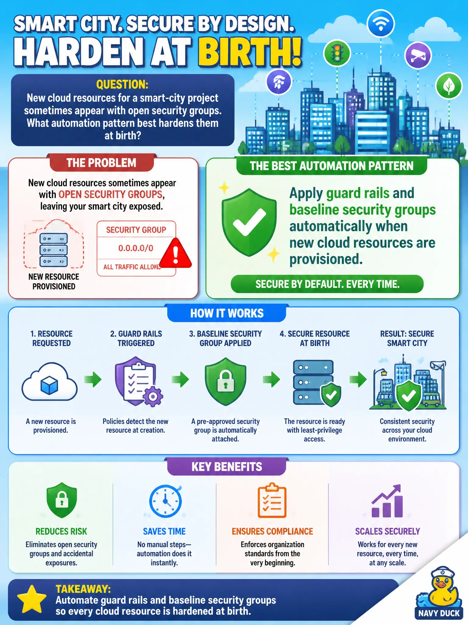 To Create an exciting colorful infographic that explains the concepts in the question: Question: New cloud resources for a smart-city project sometimes appear with open security groups. What automation pattern best hardens them at birth? Correct Answer: Apply guard rails and baseline security groups automatically when new cloud resources are provisioned Put EVERY visible label in double quotes. No people. No A/B/C/D letters. In one of the four corners put a little "Navy Duck".