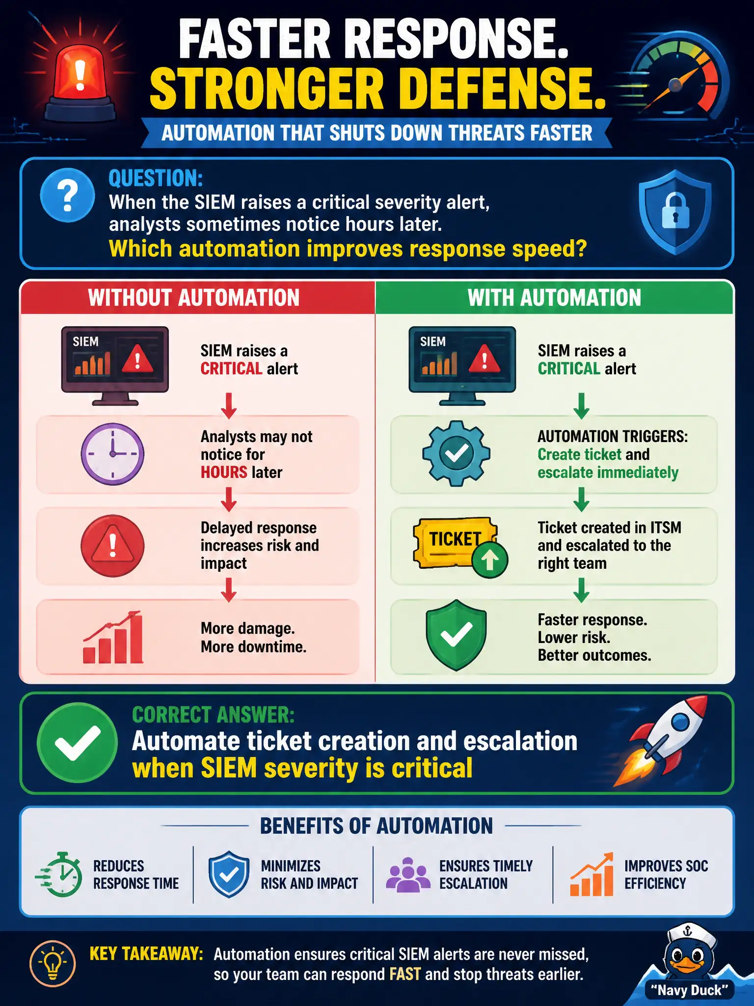 To Create an exciting colorful infographic that explains the concepts in the question: Question: When the SIEM raises a critical severity alert, analysts sometimes notice hours later. Which automation improves response speed? Correct Answer: Automate ticket creation and escalation when SIEM severity is critical Put EVERY visible label in double quotes. No people. No A/B/C/D letters. In one of the four corners put a little "Navy Duck".