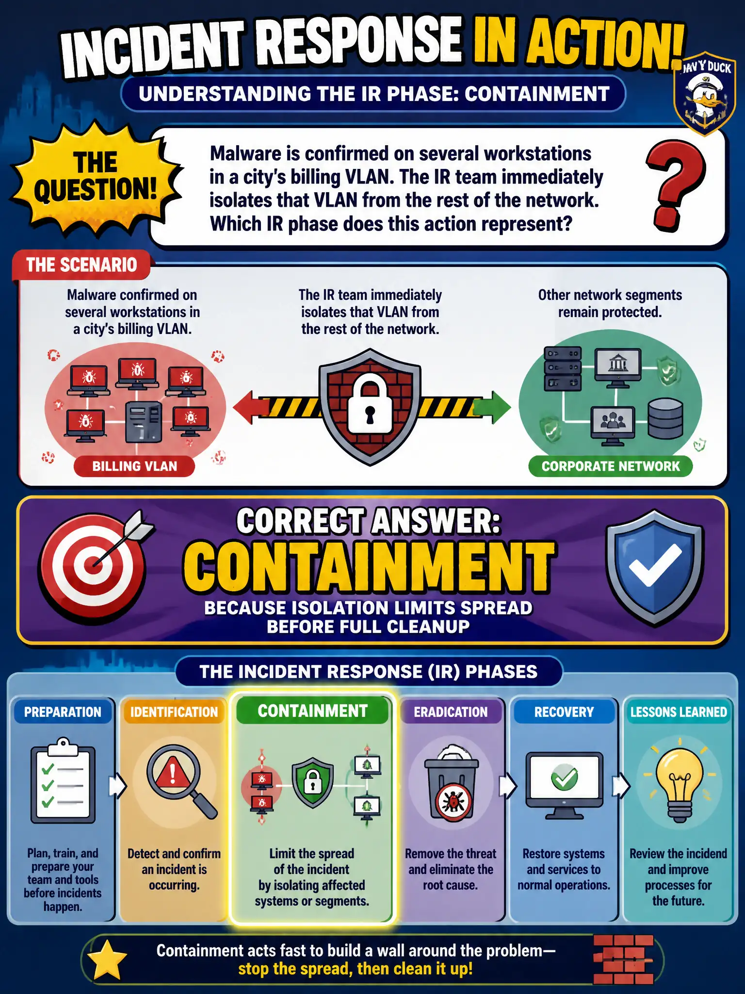 To Create an exciting colorful infographic that explains the concepts in the question: Question: Malware is confirmed on several workstations in a city's billing VLAN. The IR team immediately isolates that VLAN from the rest of the network. Which IR phase does this action represent? Correct Answer: Containment, because isolation limits spread before full cleanup Put EVERY visible label in double quotes. No people. No A/B/C/D letters. In one of the four corners put a little "Navy Duck".