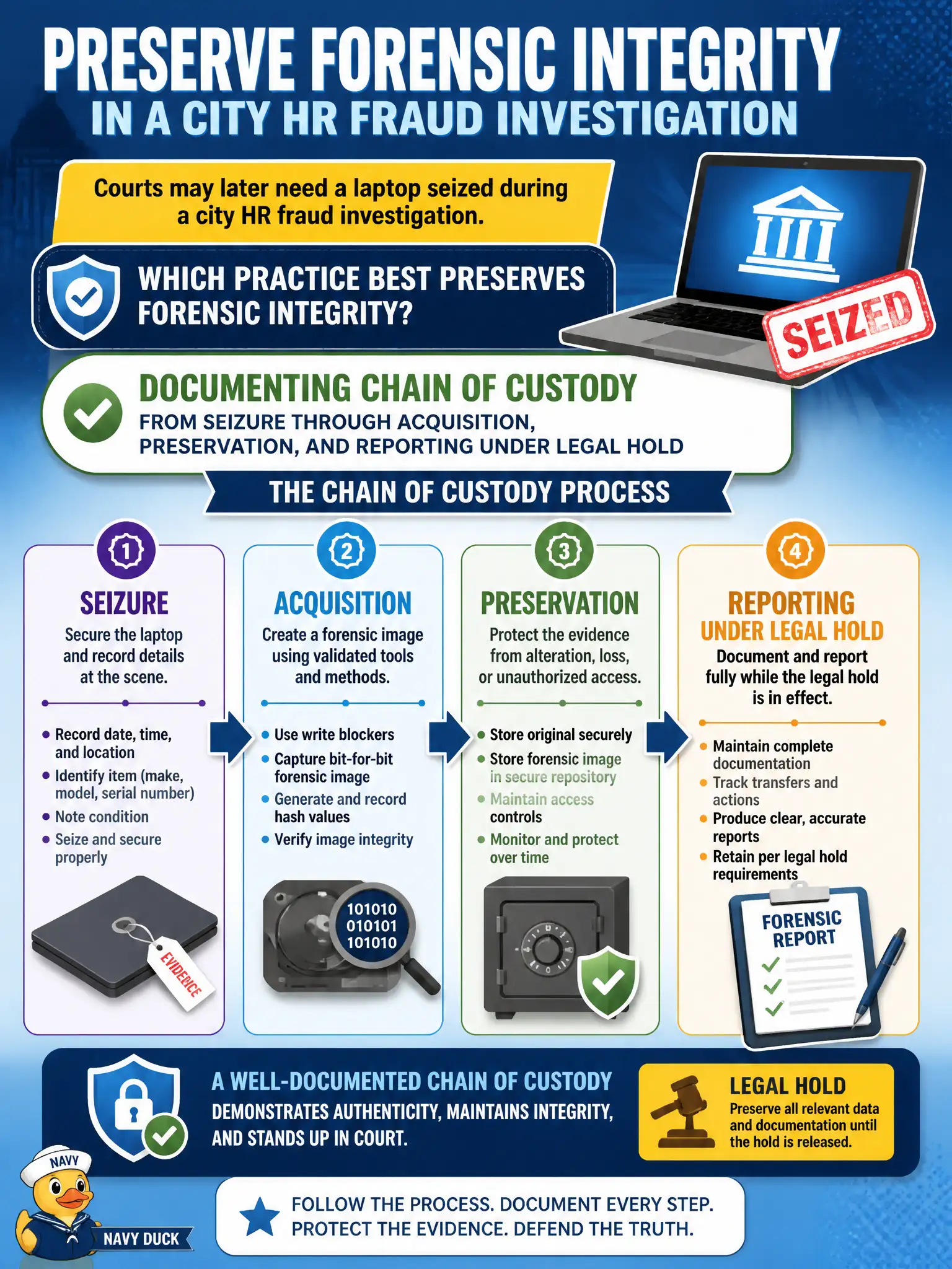 To Create an exciting colorful infographic that explains the concepts in the question: Question: Courts may later need a laptop seized during a city HR fraud investigation. Which practice best preserves forensic integrity? Correct Answer: Documenting chain of custody from seizure through acquisition, preservation, and reporting under legal hold Put EVERY visible label in double quotes. No people. No A/B/C/D letters. In one of the four corners put a little "Navy Duck".