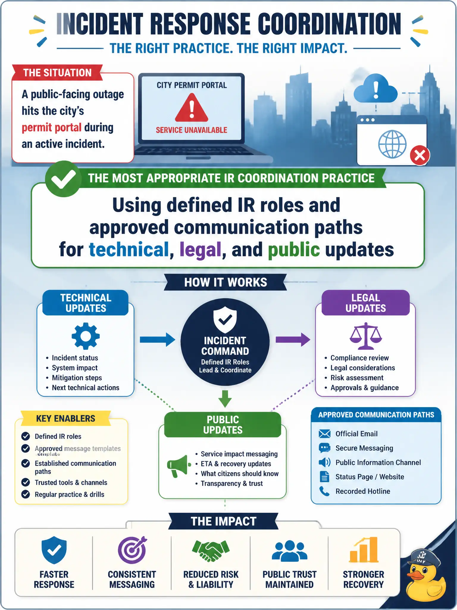 To Create an exciting colorful infographic that explains the concepts in the question: Question: A public-facing outage hits the city’s permit portal during an active incident. Which IR coordination practice is most appropriate? Correct Answer: Using defined IR roles and approved communication paths for technical, legal, and public updates Put EVERY visible label in double quotes. No people. No A/B/C/D letters. In one of the four corners put a little "Navy Duck".