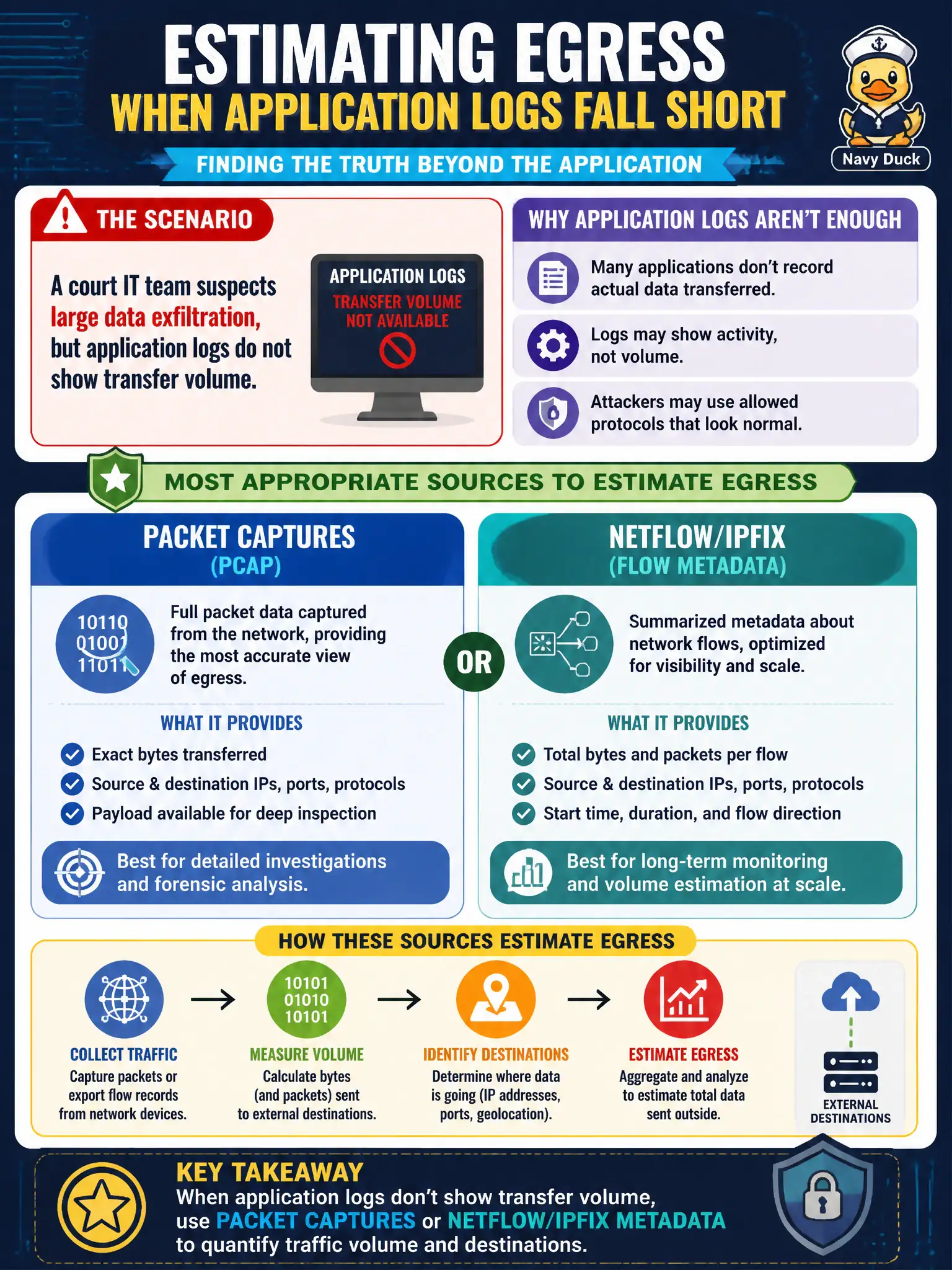 To Create an exciting colorful infographic that explains the concepts in the question: Question: A court IT team suspects large data exfiltration, but application logs do not show transfer volume. Which sources are most appropriate to estimate egress? Correct Answer: Packet captures or NetFlow/IPFIX metadata that quantify traffic volume and destinations Put EVERY visible label in double quotes. No people. No A/B/C/D letters. In one of the four corners put a little "Navy Duck".