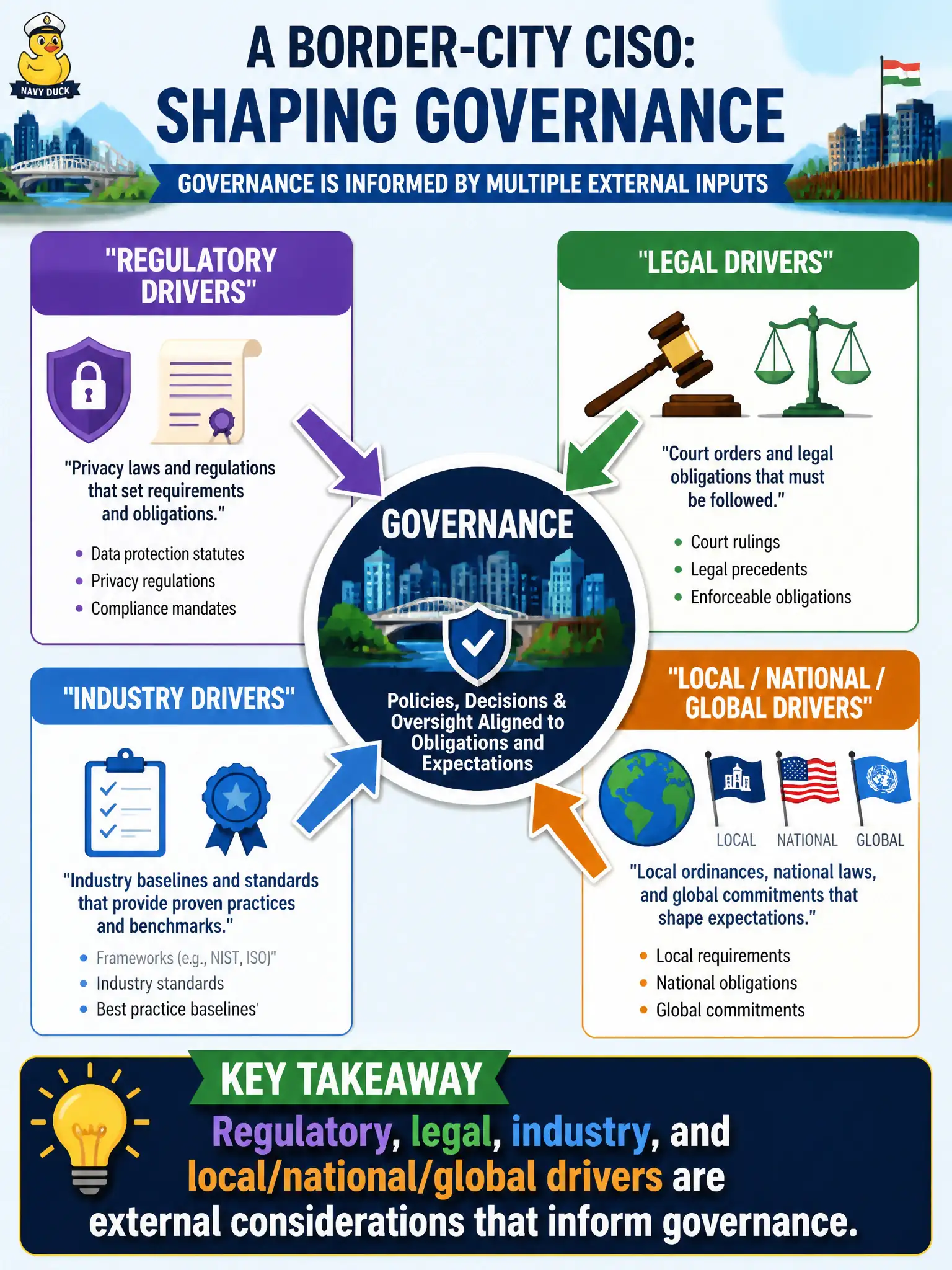 To Create an exciting colorful infographic that explains the concepts in the question: Question: A border-city CISO must shape governance that reflects privacy statutes, court orders, industry baselines, and both local and national obligations. Which statement best describes these inputs? Correct Answer: Regulatory, legal, industry, and local/national/global drivers are external considerations that inform governance Put EVERY visible label in double quotes. No people. No A/B/C/D letters. In one of the four corners put a little "Navy Duck".