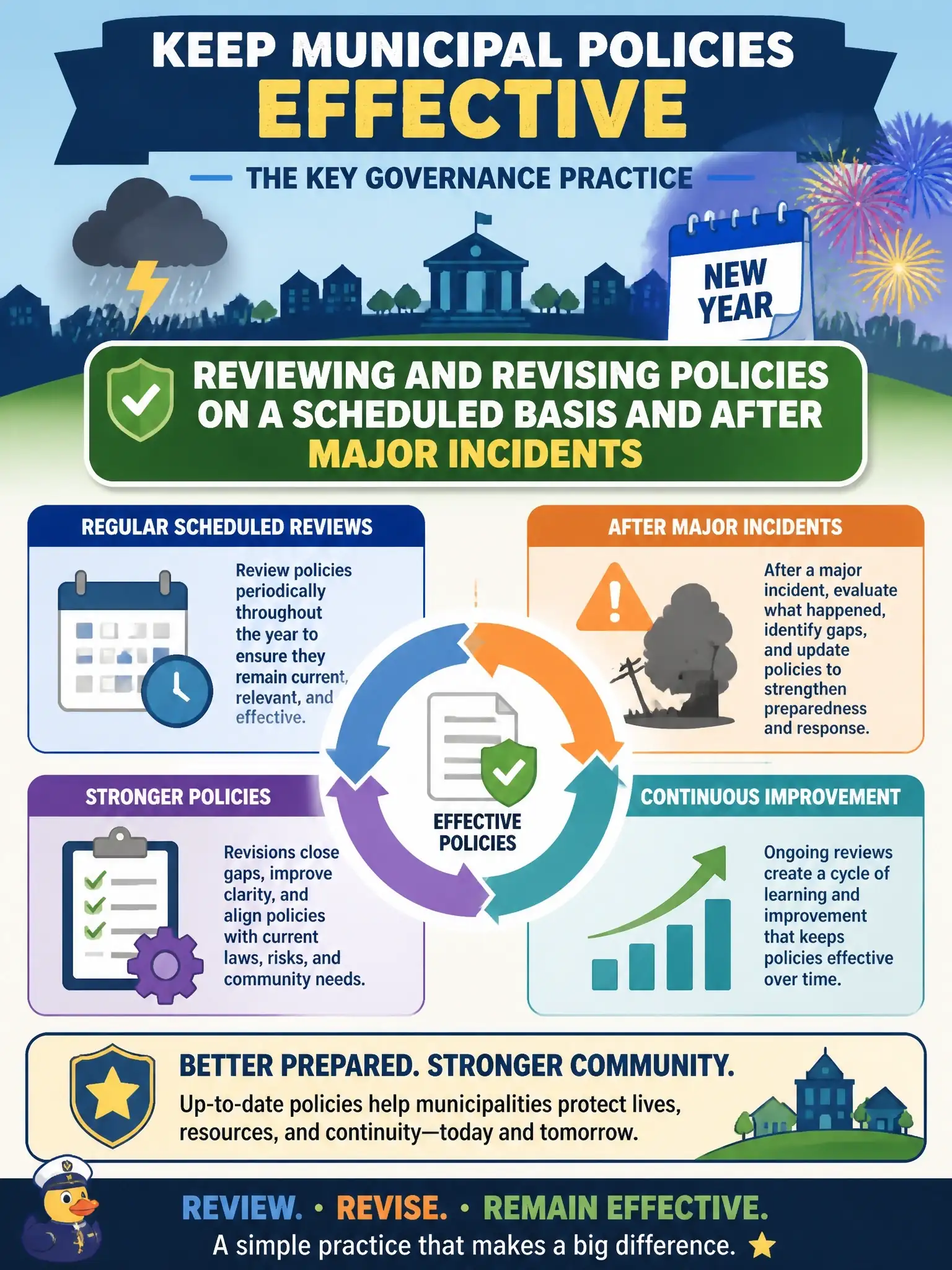 To Create an exciting colorful infographic that explains the concepts in the question: Question: After a major incident and as the calendar year turns, which governance practice keeps municipal policies effective? Correct Answer: Reviewing and revising policies on a scheduled basis and after major incidents Put EVERY visible label in double quotes. No people. No A/B/C/D letters. In one of the four corners put a little "Navy Duck".