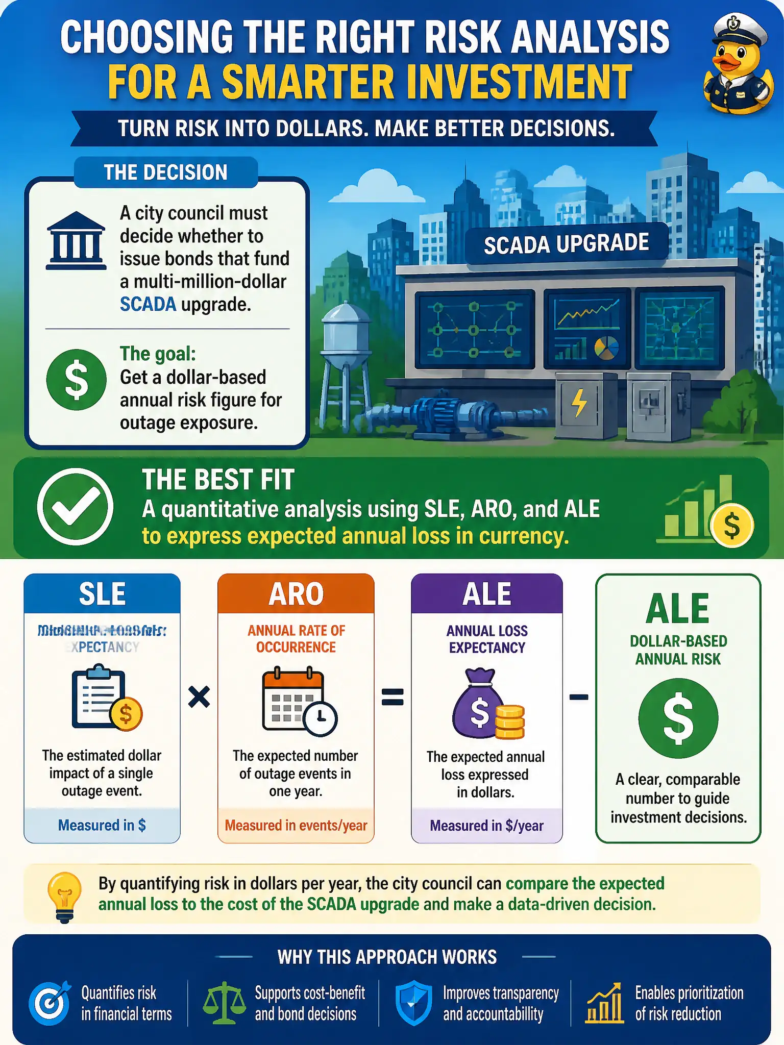 To Create an exciting colorful infographic that explains the concepts in the question: Question: A city council must decide whether to issue bonds that fund a multi-million-dollar SCADA upgrade and wants a dollar-based annual risk figure for outage exposure. Which analysis approach best fits that decision? Correct Answer: A quantitative analysis using SLE, ARO, and ALE to express expected annual loss in currency Put EVERY visible label in double quotes. No people. No A/B/C/D letters. In one of the four corners put a little "Navy Duck".