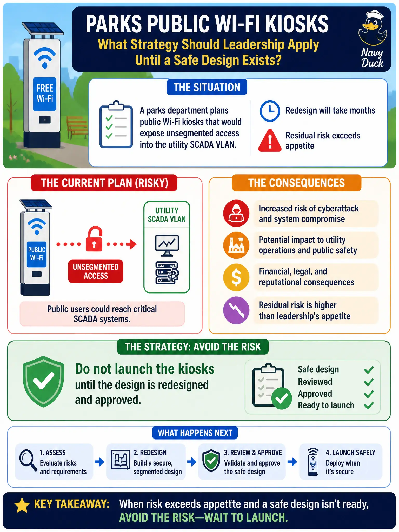 To Create an exciting colorful infographic that explains the concepts in the question: Question: A parks department plans public Wi-Fi kiosks that would expose unsegmented access into the utility SCADA VLAN. Redesign will take months and residual risk exceeds appetite. What strategy should leadership apply until a safe design exists? Correct Answer: Avoid the risk by not launching the kiosks until the design is redesigned and approved Put EVERY visible label in double quotes. No people. No A/B/C/D letters. In one of the four corners put a little "Navy Duck".