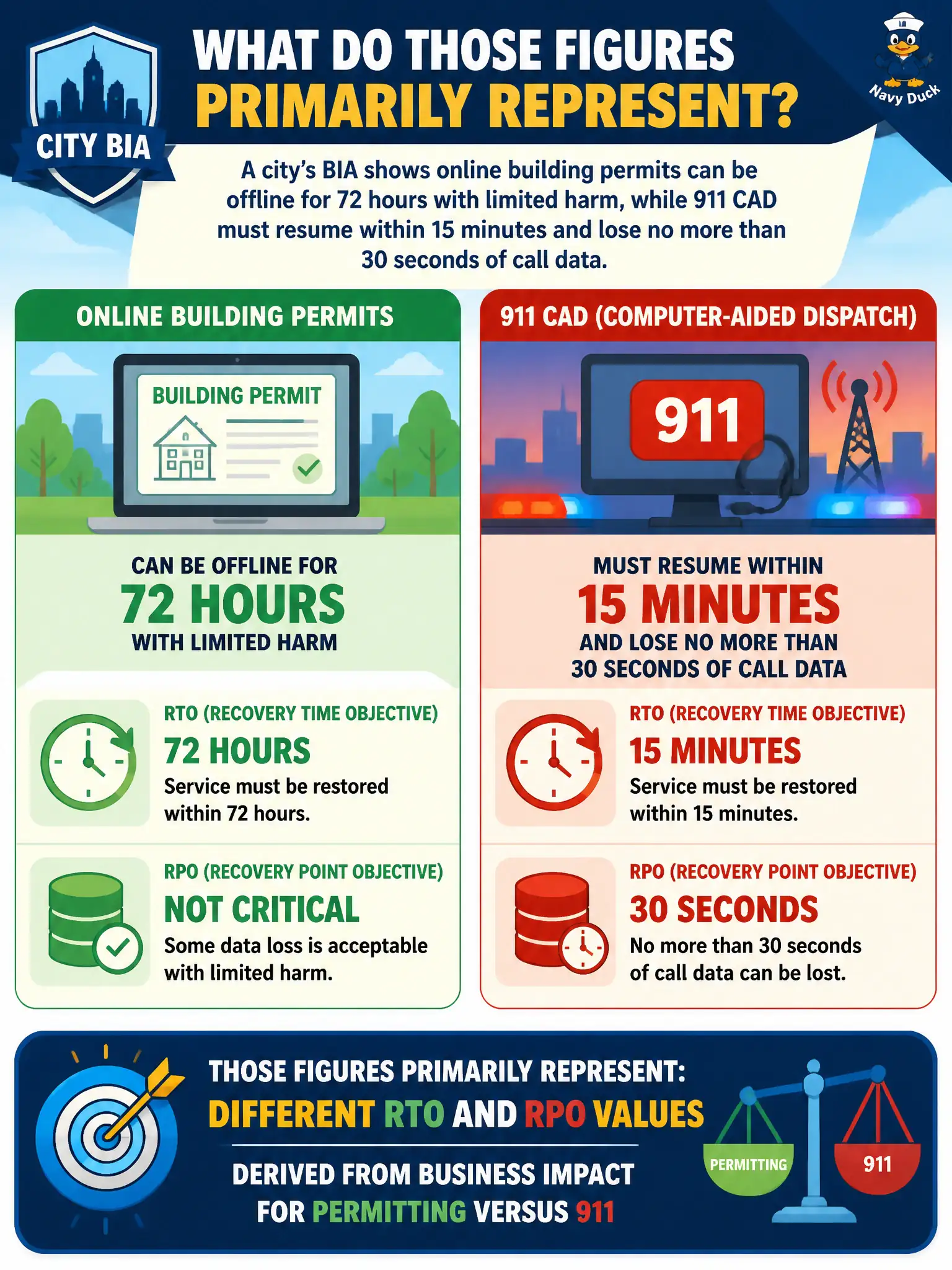 To Create an exciting colorful infographic that explains the concepts in the question: Question: A city's BIA shows online building permits can be offline for 72 hours with limited harm, while 911 CAD must resume within 15 minutes and lose no more than 30 seconds of call data. What do those figures primarily represent? Correct Answer: Different RTO and RPO values derived from business impact for permitting versus 911 Put EVERY visible label in double quotes. No people. No A/B/C/D letters. In one of the four corners put a little "Navy Duck".