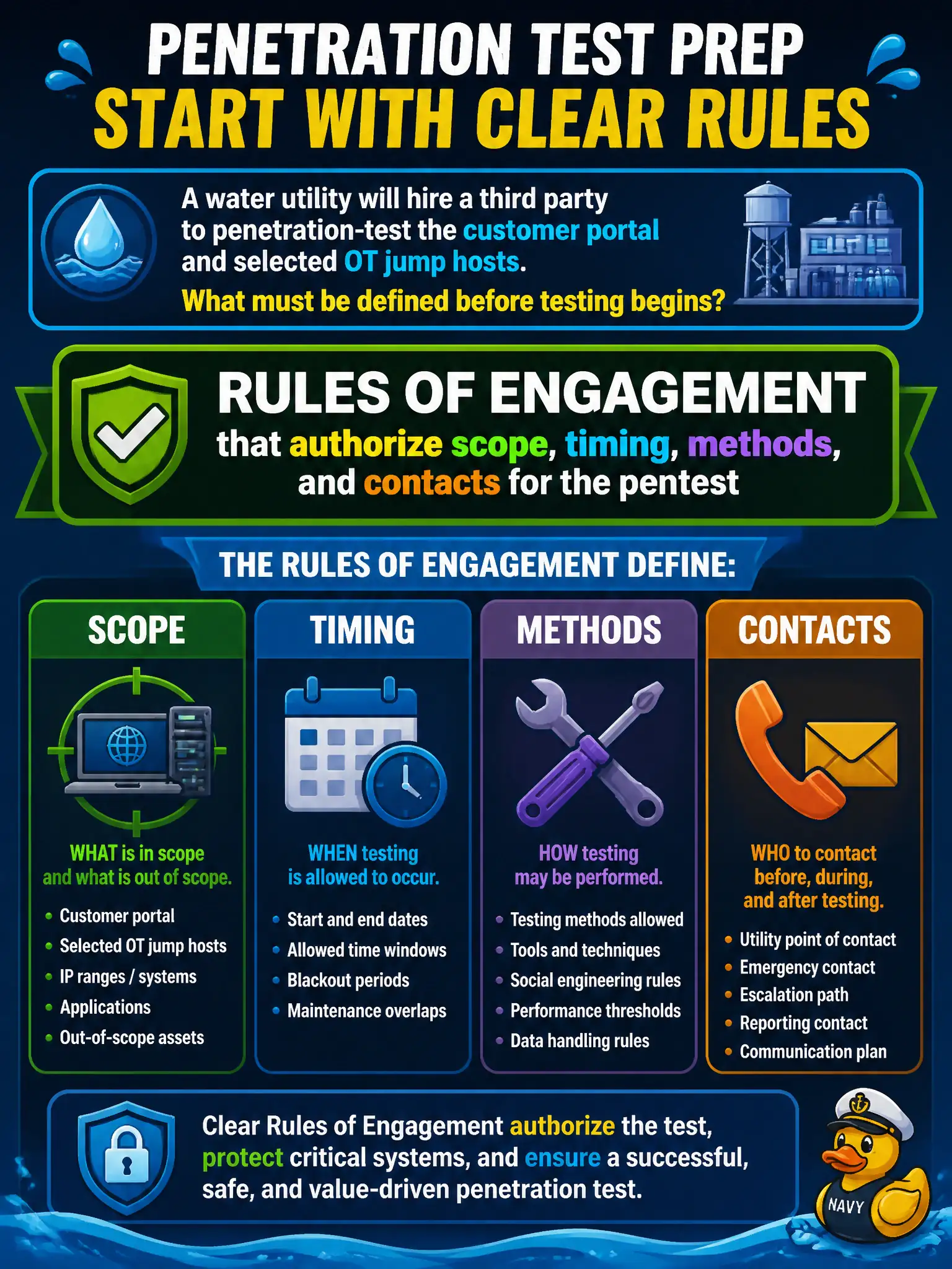 To Create an exciting colorful infographic that explains the concepts in the question: Question: A water utility will hire a third party to penetration-test the customer portal and selected OT jump hosts. What must be defined before testing begins? Correct Answer: Rules of engagement that authorize scope, timing, methods, and contacts for the pentest Put EVERY visible label in double quotes. No people. No A/B/C/D letters. In one of the four corners put a little "Navy Duck".