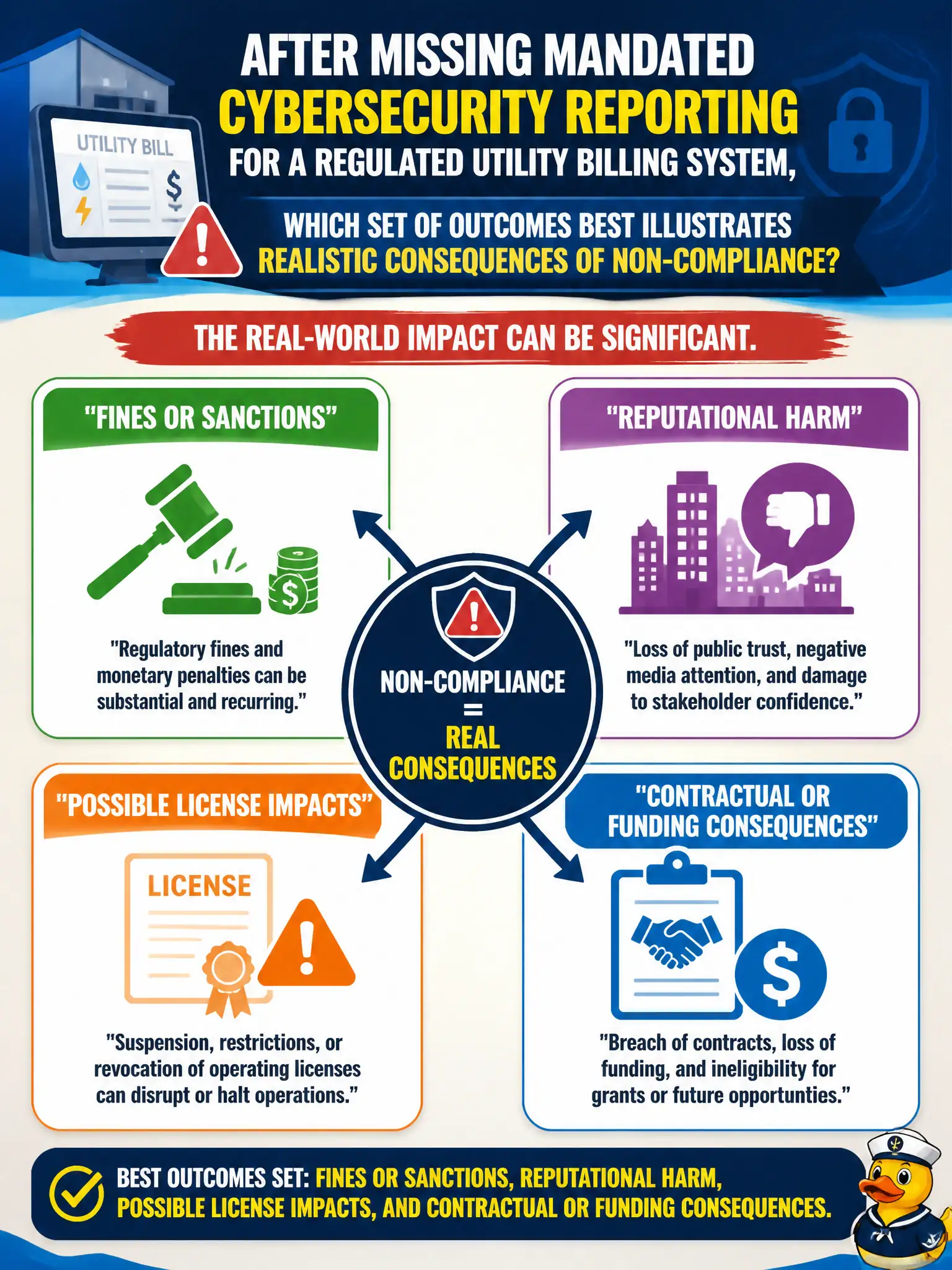 To Create an exciting colorful infographic that explains the concepts in the question: Question: After missing mandated cybersecurity reporting for a regulated utility billing system, which set of outcomes best illustrates realistic consequences of non-compliance? Correct Answer: Fines or sanctions, reputational harm, possible license impacts, and contractual or funding consequences Put EVERY visible label in double quotes. No people. No A/B/C/D letters. In one of the four corners put a little "Navy Duck".