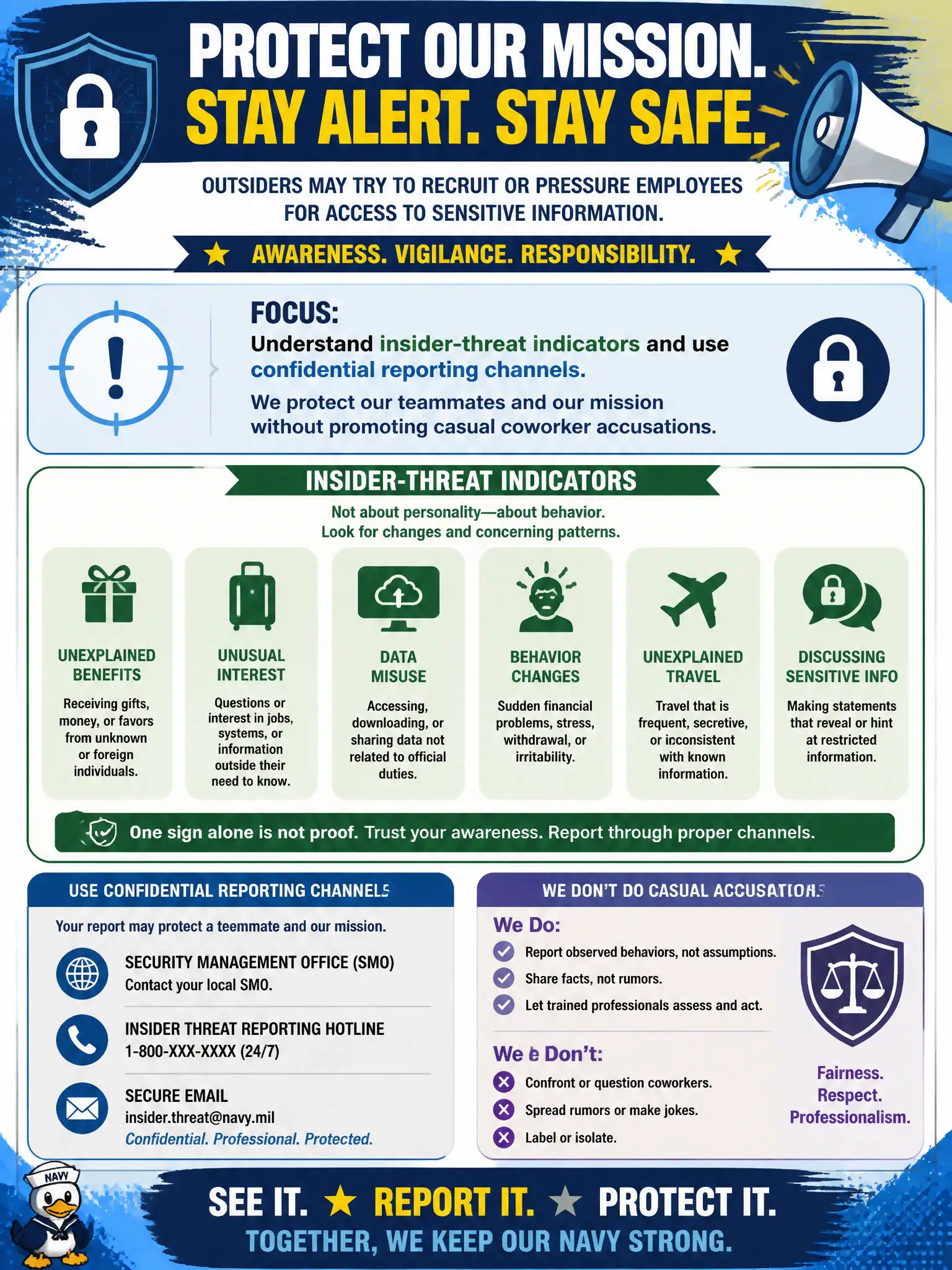 To Create an exciting colorful infographic that explains the concepts in the question: Question: During awareness month, HR wants staff warned that outsiders might recruit or pressure employees for access—without encouraging casual accusations against coworkers. What should the module emphasize? Correct Answer: Insider-threat indicators and confidential reporting channels, taught without promoting casual coworker accusations Put EVERY visible label in double quotes. No people. No A/B/C/D letters. In one of the four corners put a little "Navy Duck".