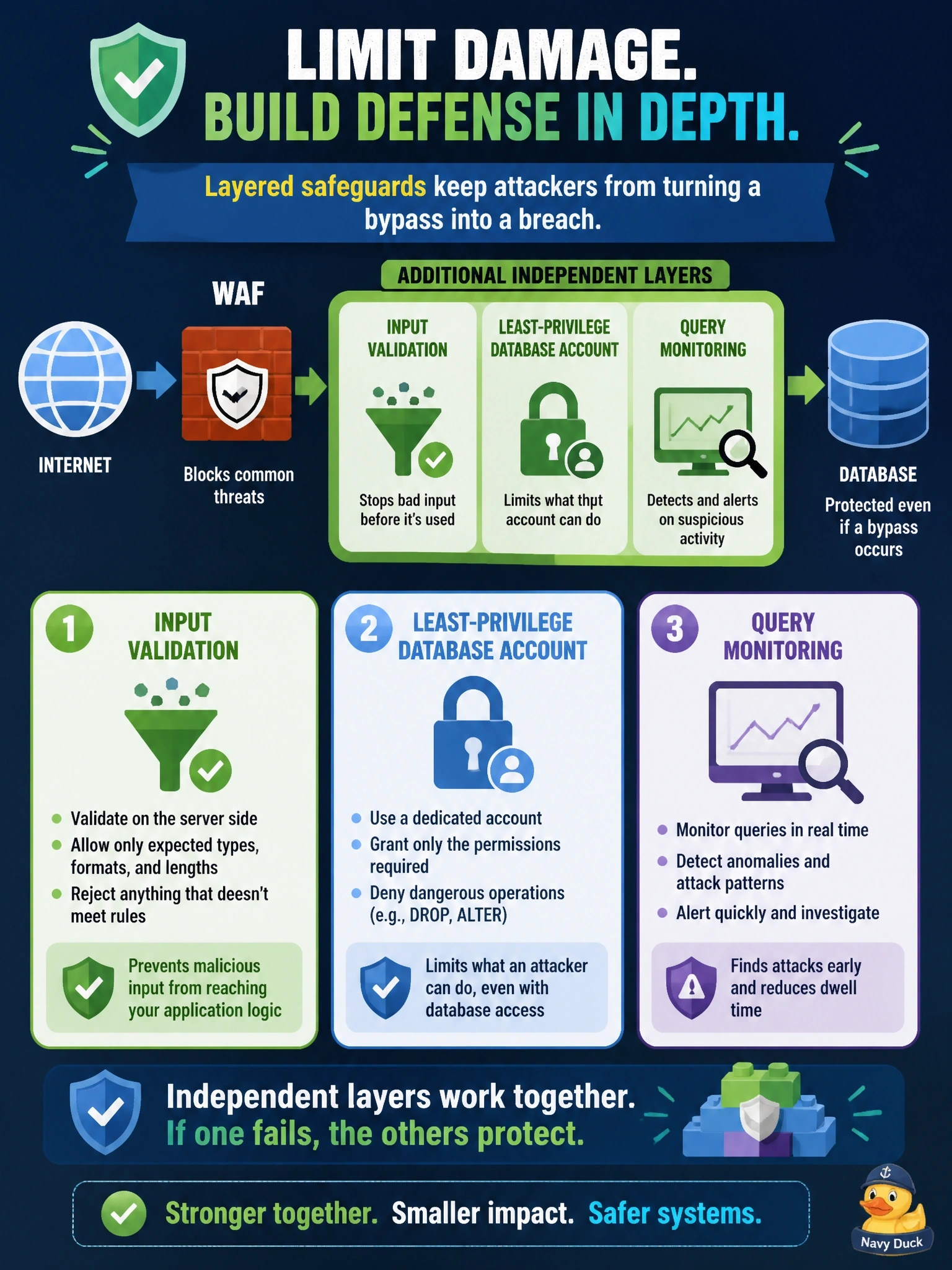 To Create an exciting colorful infographic that explains the concepts in the question: Question: A retailer protects its customer-facing web application solely with a web application firewall (WAF). During a penetration test, the tester slips an encoded injection payload past the WAF and reaches the backend database directly. Which approach would BEST limit the damage from a future WAF bypass? Correct Answer: Add independent layers: input validation, a least-privilege database account, and query monitoring Put EVERY visible label in double quotes. No people. No A/B/C/D letters. In one of the four corners put a little "Navy Duck".