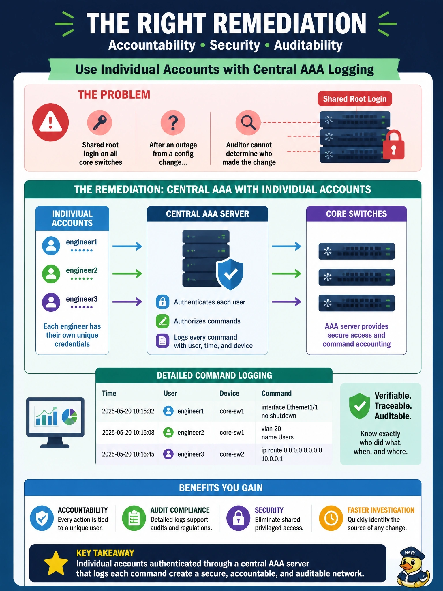 To Create an exciting colorful infographic that explains the concepts in the question: Question: Network engineers share a single root login on all core switches. After an outage caused by a configuration change, an auditor cannot determine which engineer made the change. Which remediation addresses the gap? Correct Answer: Issue individual accounts authenticated through a central AAA server that logs each command Put EVERY visible label in double quotes. No people. No A/B/C/D letters. In one of the four corners put a little "Navy Duck".