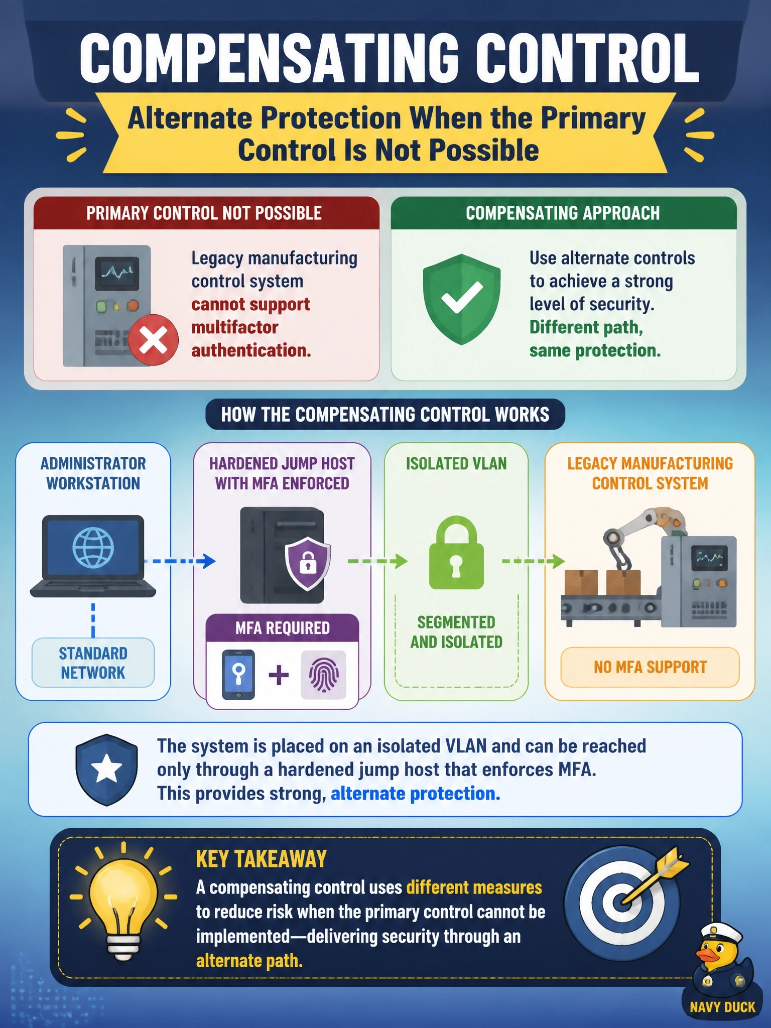 To Create an exciting colorful infographic that explains the concepts in the question: Question: A legacy manufacturing control system cannot support multifactor authentication. The security team places it on an isolated VLAN reachable only through a hardened jump host that does enforce MFA. Which control type does this arrangement represent? Correct Answer: Compensating, because it gives alternate protection when the primary control is not possible Put EVERY visible label in double quotes. No people. No A/B/C/D letters. In one of the four corners put a little "Navy Duck".