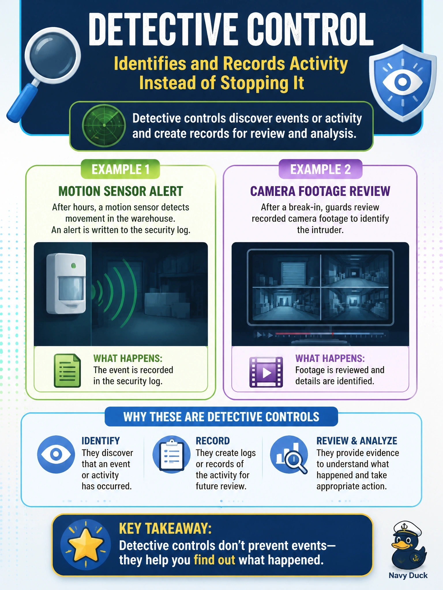 To Create an exciting colorful infographic that explains the concepts in the question: Question: A warehouse uses motion sensors that write an alert to the security log when movement occurs after hours, and guards review recorded camera footage after a break-in to identify the intruder. Which control type do both of these represent? Correct Answer: Detective, because they identify and record activity rather than stop it Put EVERY visible label in double quotes. No people. No A/B/C/D letters. In one of the four corners put a little "Navy Duck".