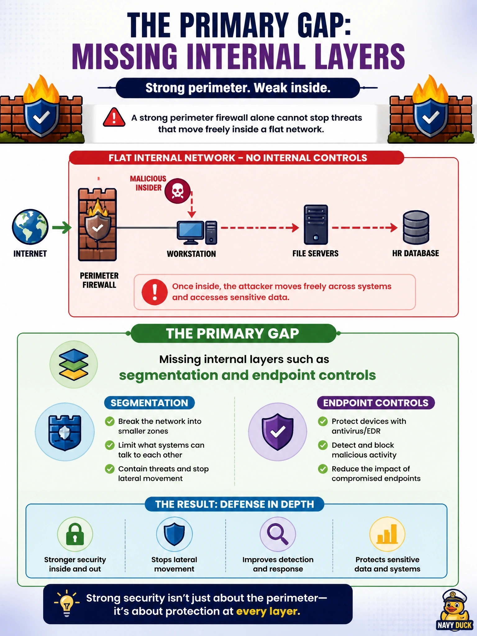 To Create an exciting colorful infographic that explains the concepts in the question: Question: An organization relies on a strong perimeter firewall but has a flat internal network with no endpoint protection. A malicious insider moves freely from a workstation to file servers and the HR database. What is the PRIMARY gap in the security design? Correct Answer: Missing internal layers such as segmentation and endpoint controls Put EVERY visible label in double quotes. No people. No A/B/C/D letters. In one of the four corners put a little "Navy Duck".