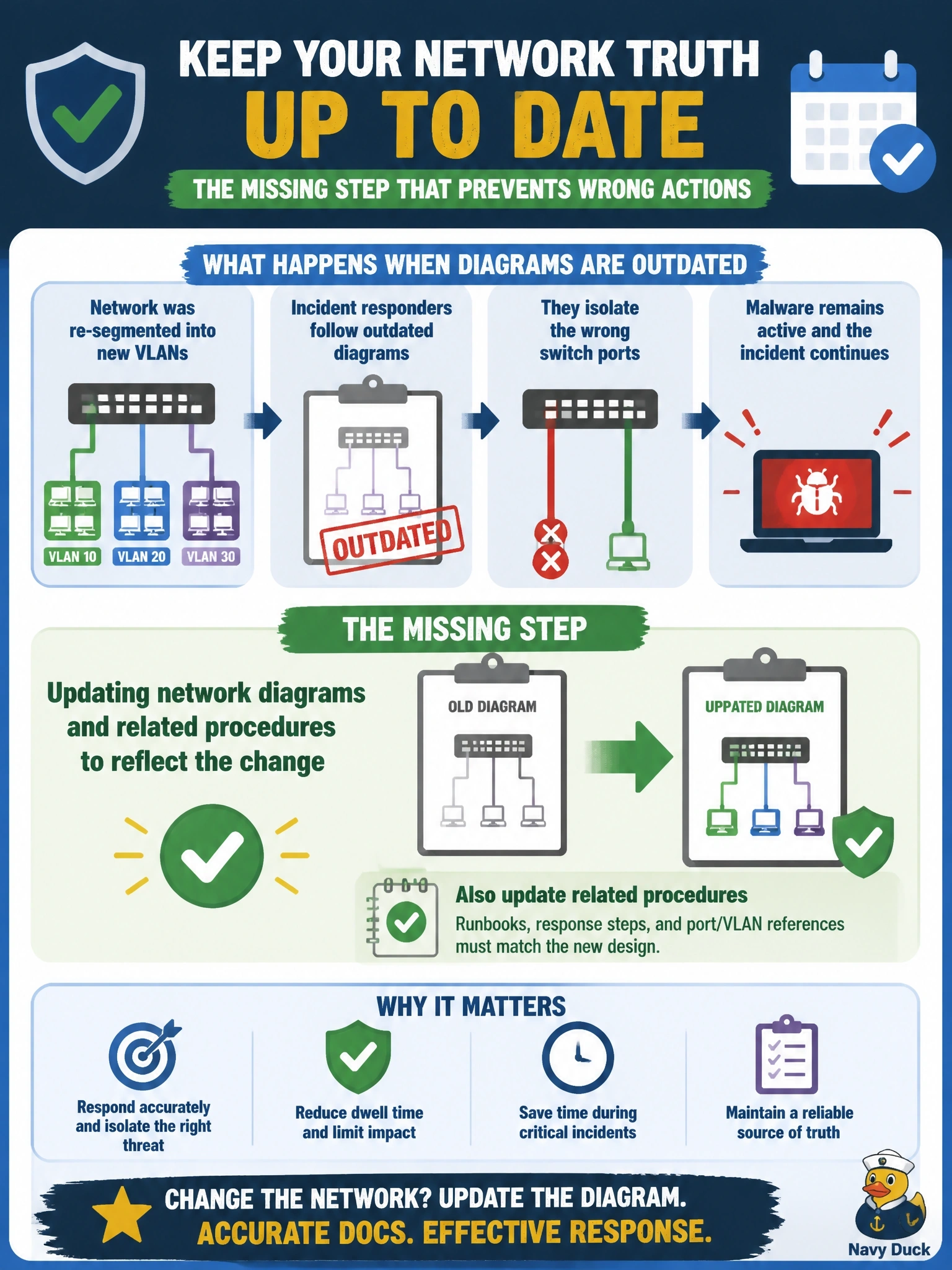 To Create an exciting colorful infographic that explains the concepts in the question: Question: Months after a network was re-segmented into new VLANs, incident responders investigating malware follow outdated diagrams and isolate the wrong switch ports. Which step was missed when the segmentation change was closed out? Correct Answer: Updating network diagrams and related procedures to reflect the change Put EVERY visible label in double quotes. No people. No A/B/C/D letters. In one of the four corners put a little "Navy Duck".