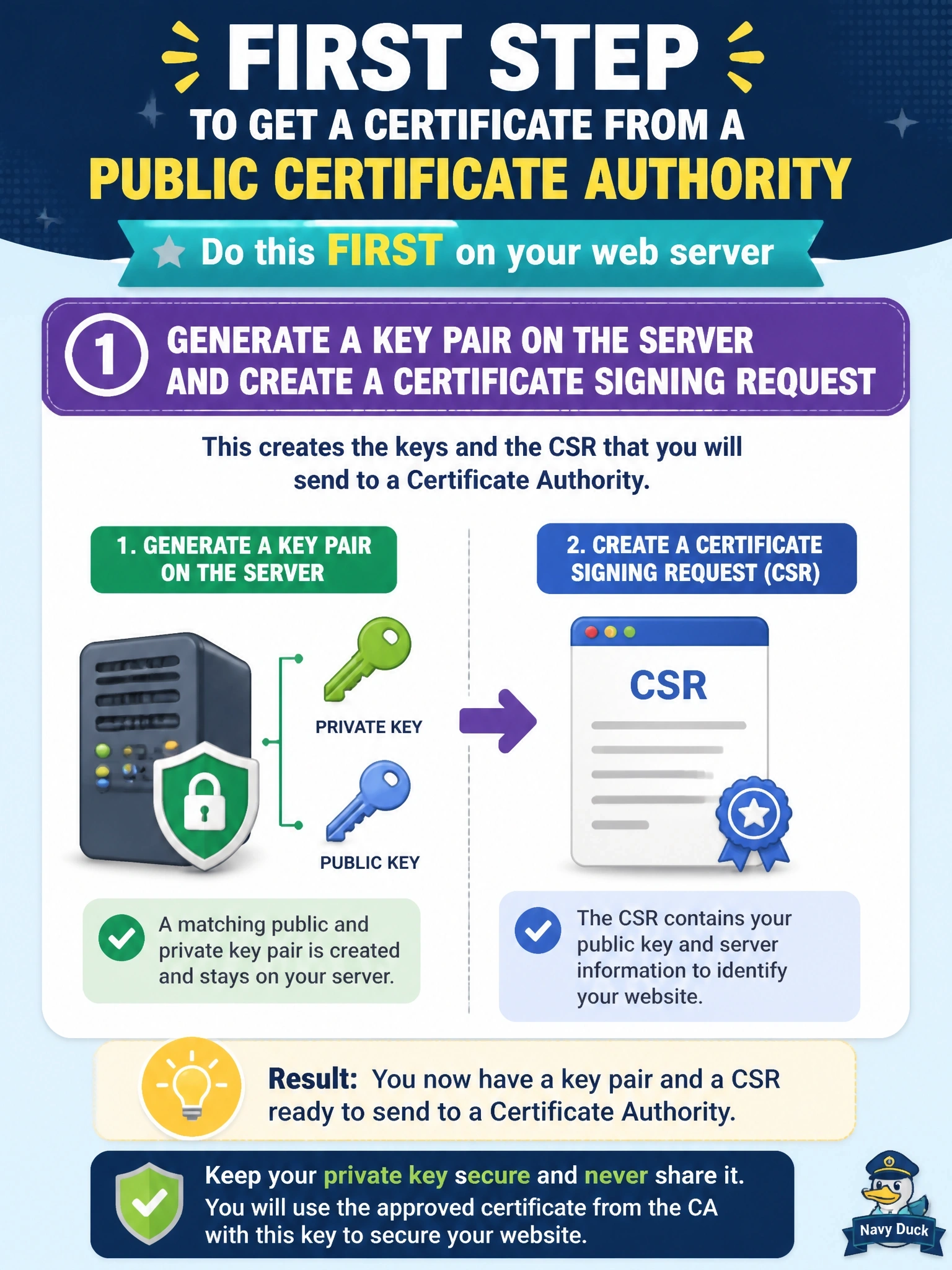 To Create an exciting colorful infographic that explains the concepts in the question: Question: An administrator needs a certificate from a public certificate authority for a new web server. What should the administrator do FIRST? Correct Answer: Generate a key pair on the server and create a certificate signing request Put EVERY visible label in double quotes. No people. No A/B/C/D letters. In one of the four corners put a little "Navy Duck".