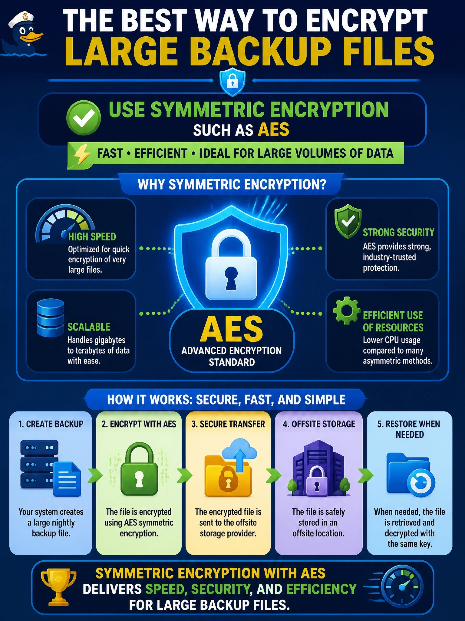 To Create an exciting colorful infographic that explains the concepts in the question: Question: An administrator must encrypt a very large nightly backup file quickly before sending it to an offsite storage provider. Which approach is MOST appropriate for encrypting the bulk data? Correct Answer: Symmetric encryption such as AES, which is fast for large volumes of data Put EVERY visible label in double quotes. No people. No A/B/C/D letters. In one of the four corners put a little "Navy Duck".