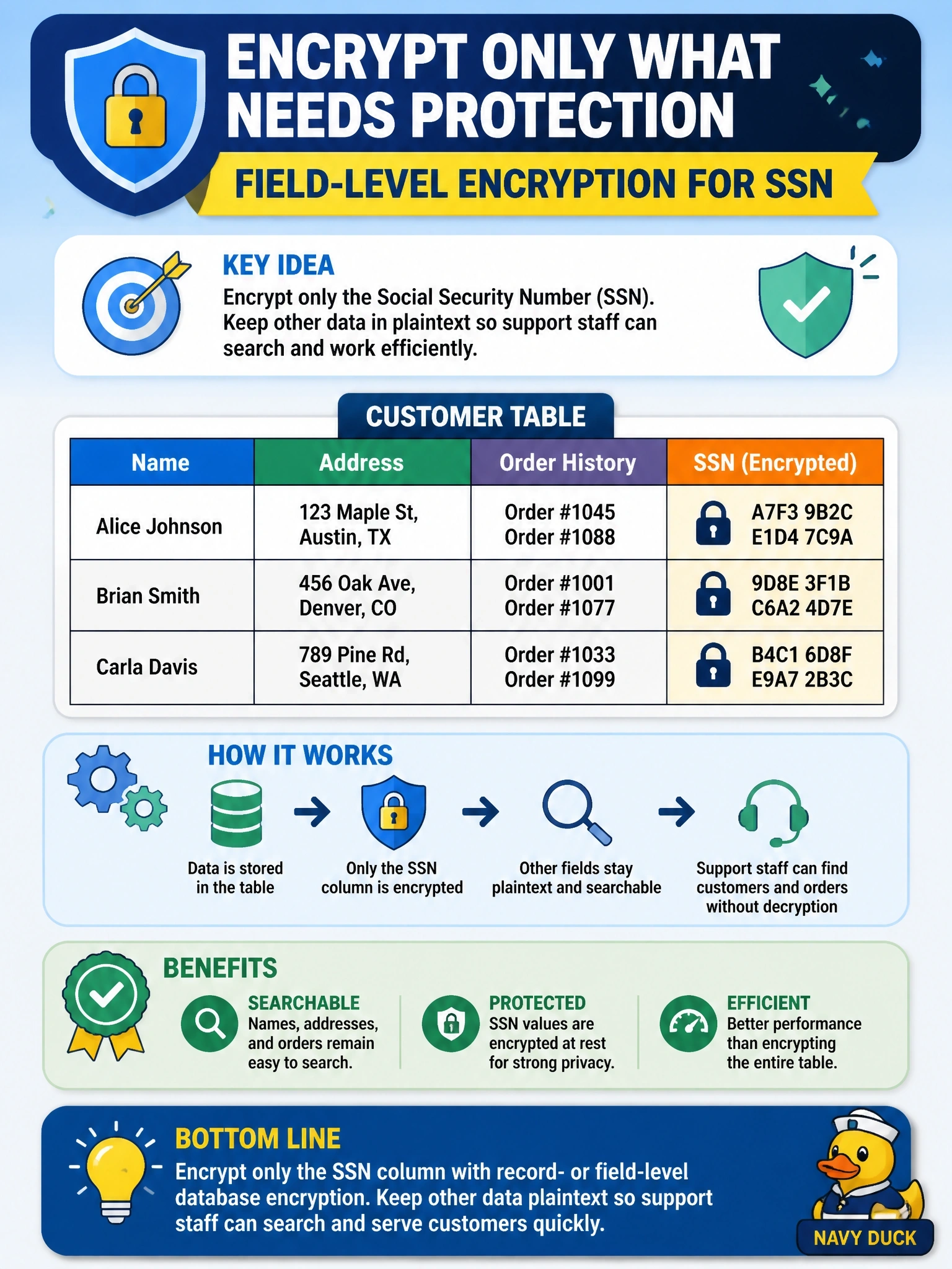 To Create an exciting colorful infographic that explains the concepts in the question: Question: A customer table holds names, addresses, order history, and Social Security numbers. Policy requires that only the SSN values be encrypted so other fields stay searchable for support staff. Which encryption level fits this requirement? Correct Answer: Record- or field-level database encryption applied to the SSN column Put EVERY visible label in double quotes. No people. No A/B/C/D letters. In one of the four corners put a little "Navy Duck".