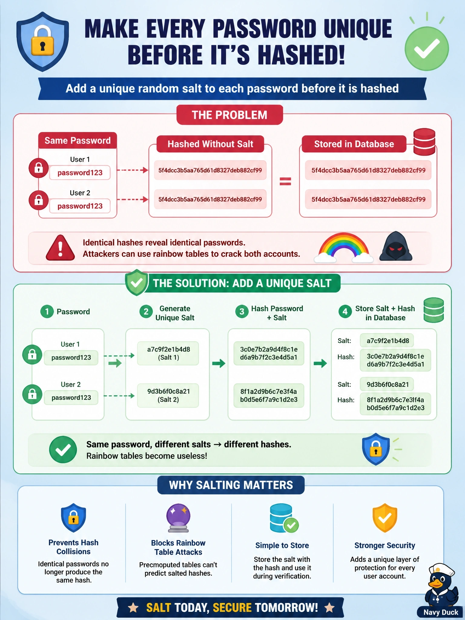 To Create an exciting colorful infographic that explains the concepts in the question: Question: A review of a password database shows that two users with the same password have identical stored hashes, making both accounts easy targets for precomputed rainbow table lookups. Which change addresses this weakness? Correct Answer: Add a unique random salt to each password before it is hashed Put EVERY visible label in double quotes. No people. No A/B/C/D letters. In one of the four corners put a little "Navy Duck".