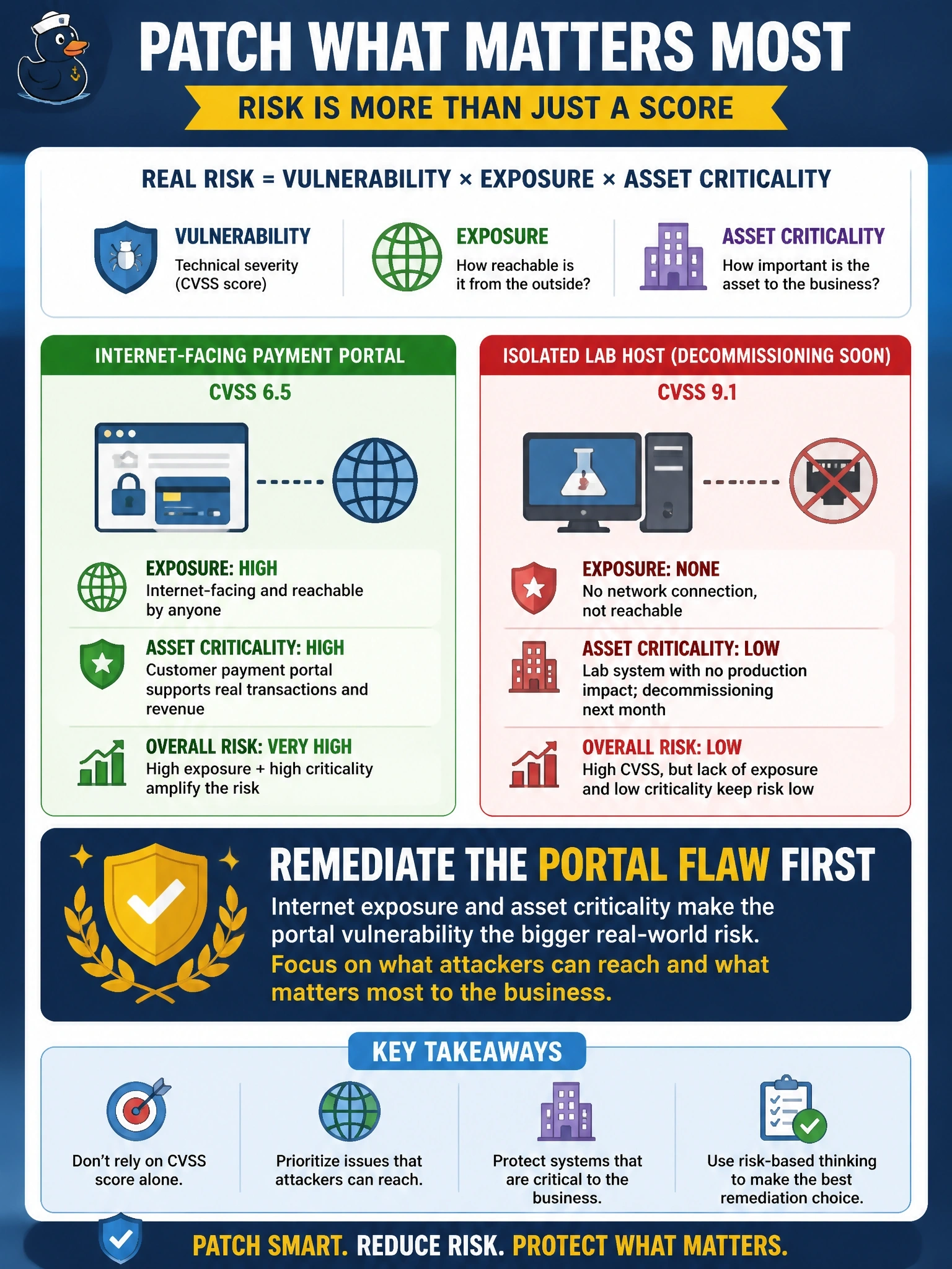 To Create an exciting colorful infographic that explains the concepts in the question: Question: A team can patch only one finding this week. One is a CVSS 6.5 flaw on an internet-facing customer payment portal. The other is a CVSS 9.1 flaw on a lab host with no network connection that is scheduled for decommissioning next month. Which finding should be remediated first? Correct Answer: The portal flaw, since internet exposure and asset criticality raise its actual risk Put EVERY visible label in double quotes. No people. No A/B/C/D letters. In one of the four corners put a little "Navy Duck".