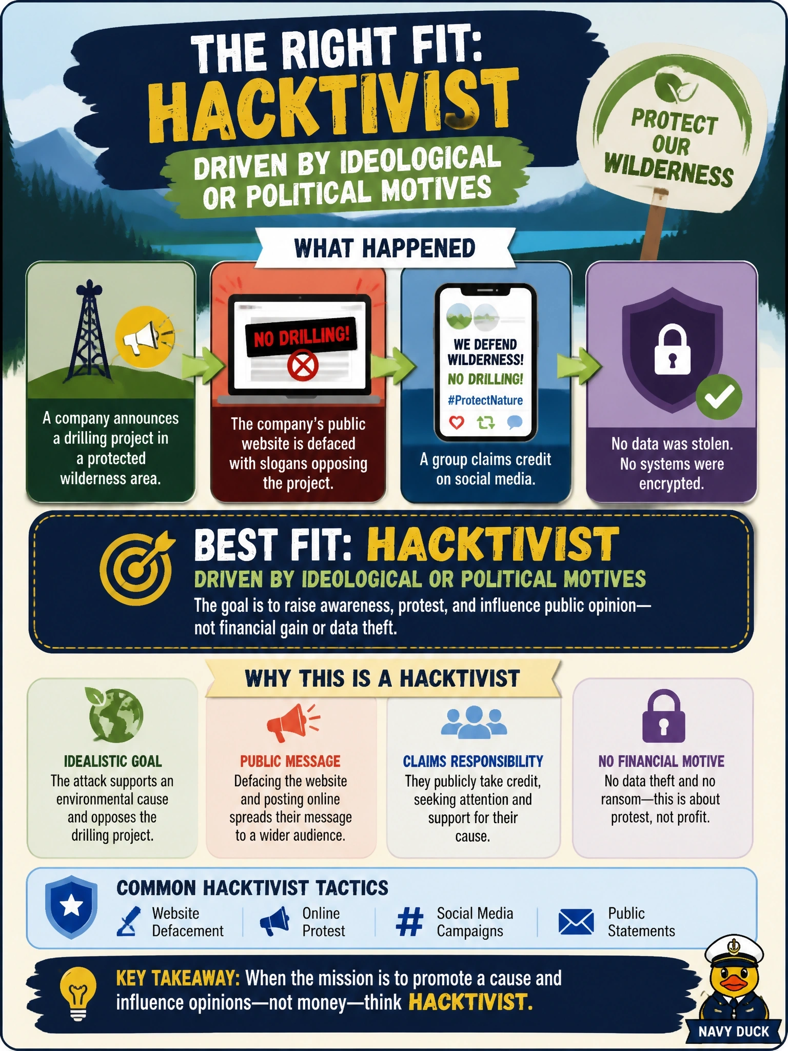 To Create an exciting colorful infographic that explains the concepts in the question: Question: Shortly after a company announces a drilling project in a protected wilderness area, its public website is defaced with slogans opposing the project. A group claims credit on social media, and no data was stolen or encrypted. Which actor and motivation best fit? Correct Answer: Hacktivist driven by ideological or political motives Put EVERY visible label in double quotes. No people. No A/B/C/D letters. In one of the four corners put a little "Navy Duck".