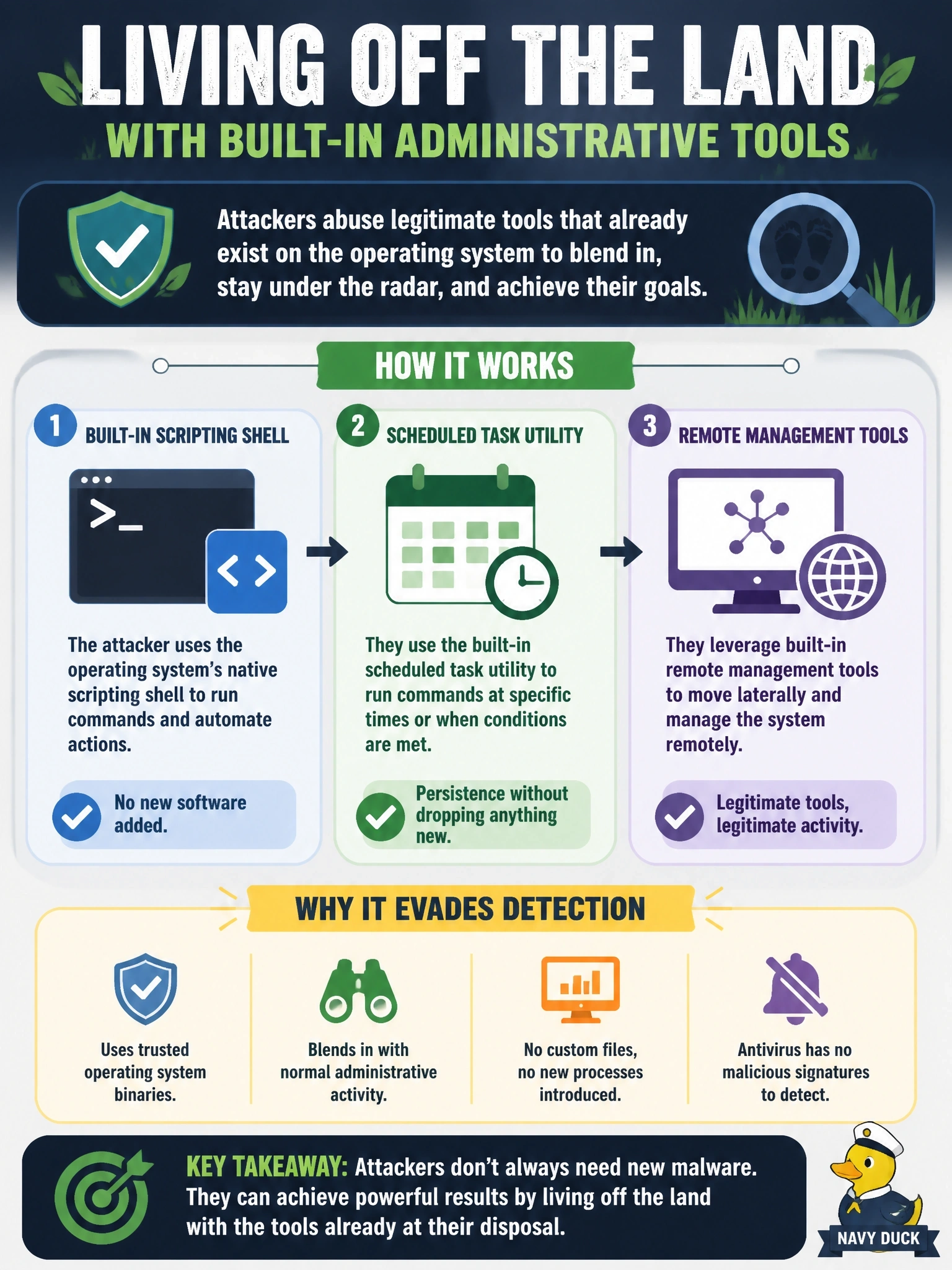 To Create an exciting colorful infographic that explains the concepts in the question: Question: On a compromised server, an attacker uses only the operating system's built-in scripting shell, scheduled task utility and remote management tools. No custom malware is dropped, and antivirus raises no alerts. Which technique is the attacker relying on? Correct Answer: Living off the land with built-in administrative tools Put EVERY visible label in double quotes. No people. No A/B/C/D letters. In one of the four corners put a little "Navy Duck".