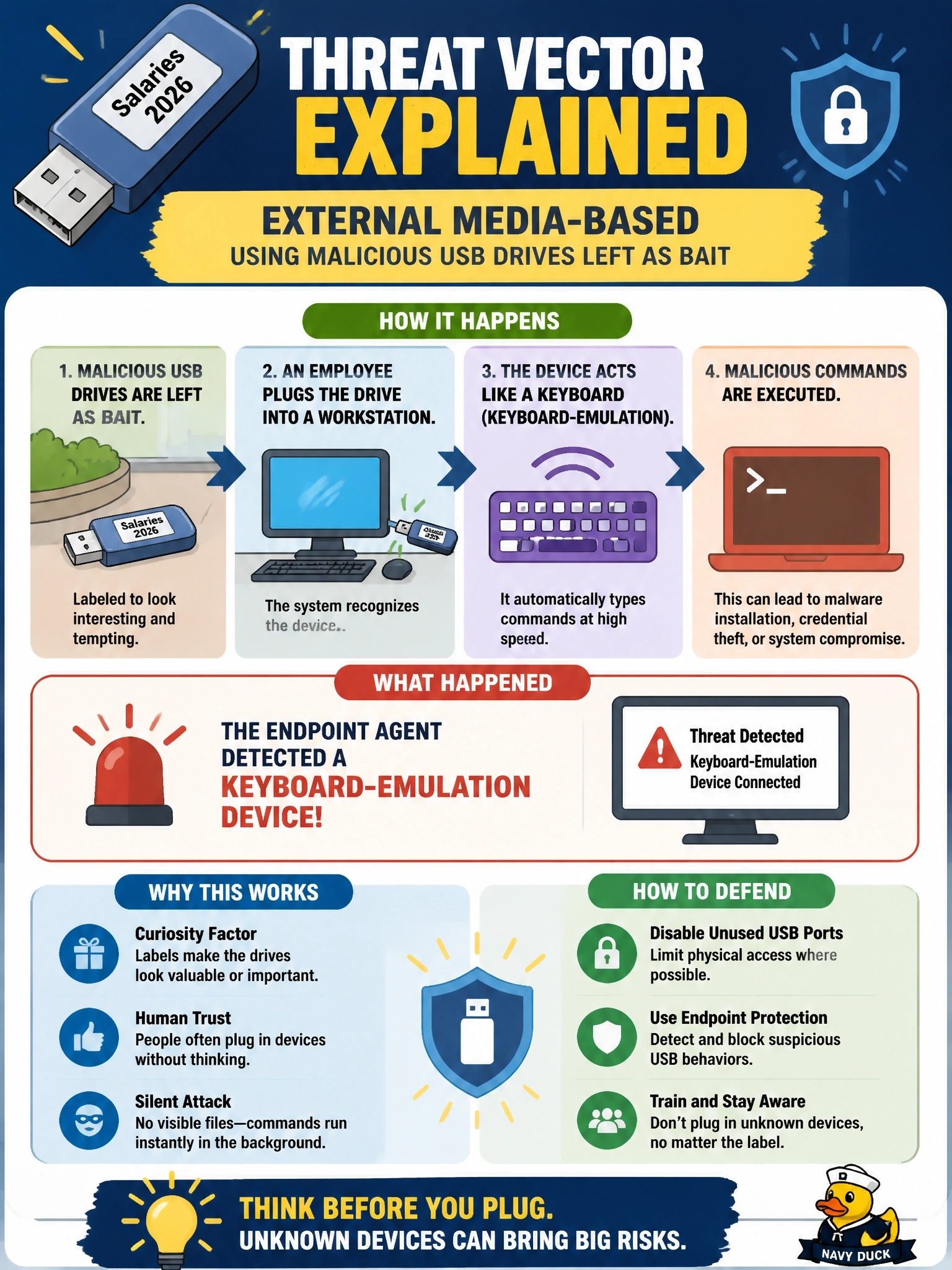 To Create an exciting colorful infographic that explains the concepts in the question: Question: Several USB flash drives labeled Salaries 2026 are found in the office lobby and parking lot. One employee plugged a drive into a workstation, and the endpoint agent then detected a keyboard-emulation device. Which threat vector was used? Correct Answer: External media-based, using malicious USB drives left as bait Put EVERY visible label in double quotes. No people. No A/B/C/D letters. In one of the four corners put a little "Navy Duck".