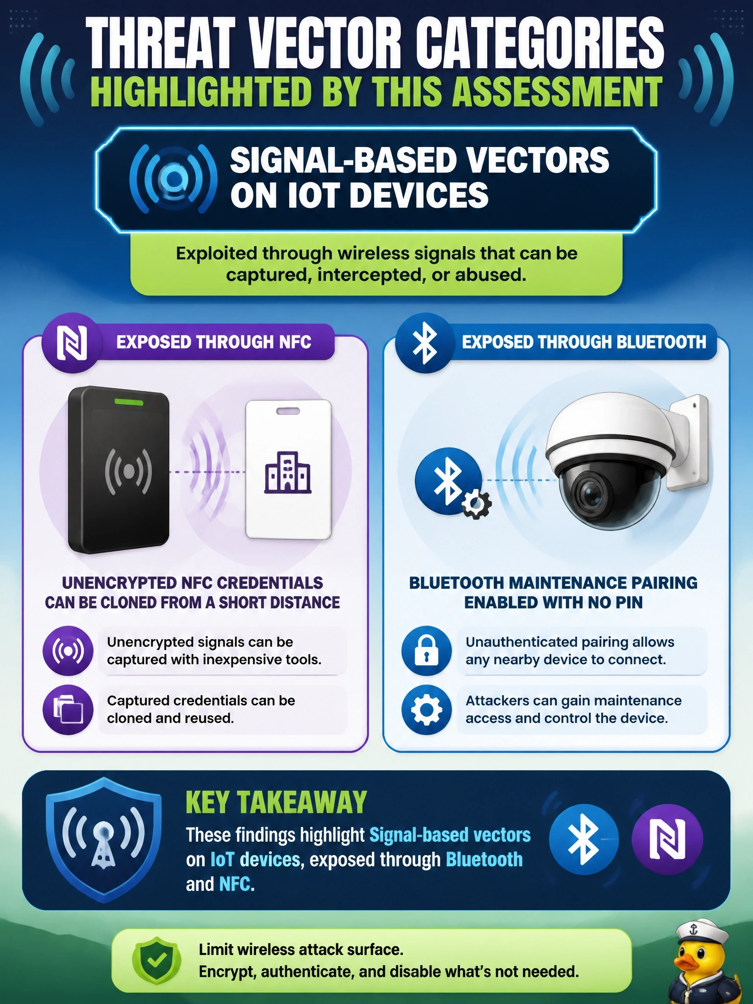 To Create an exciting colorful infographic that explains the concepts in the question: Question: An assessment finds badge readers that accept unencrypted NFC credentials that can be cloned from a short distance, and IP cameras with Bluetooth maintenance pairing enabled and no PIN. Which threat vector categories does this assessment highlight? Correct Answer: Signal-based vectors on IoT devices, exposed through Bluetooth and NFC Put EVERY visible label in double quotes. No people. No A/B/C/D letters. In one of the four corners put a little "Navy Duck".