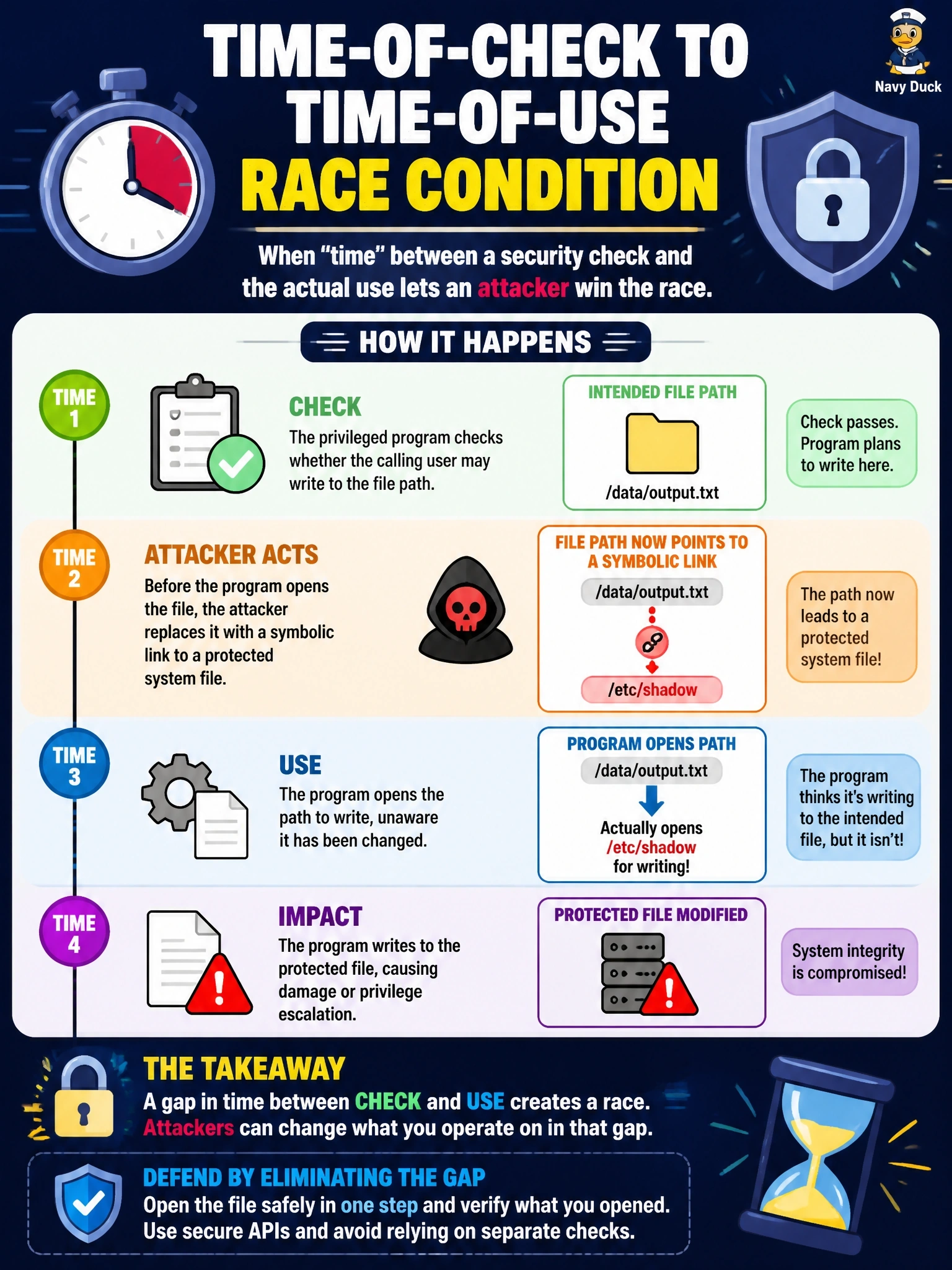 To Create an exciting colorful infographic that explains the concepts in the question: Question: A privileged program checks whether the calling user may write to a file path and, a moment later, opens that path to write. Between those two steps, an attacker replaces the file with a symbolic link to a protected system file. Which vulnerability is being exploited? Correct Answer: A time-of-check to time-of-use race condition Put EVERY visible label in double quotes. No people. No A/B/C/D letters. In one of the four corners put a little "Navy Duck".