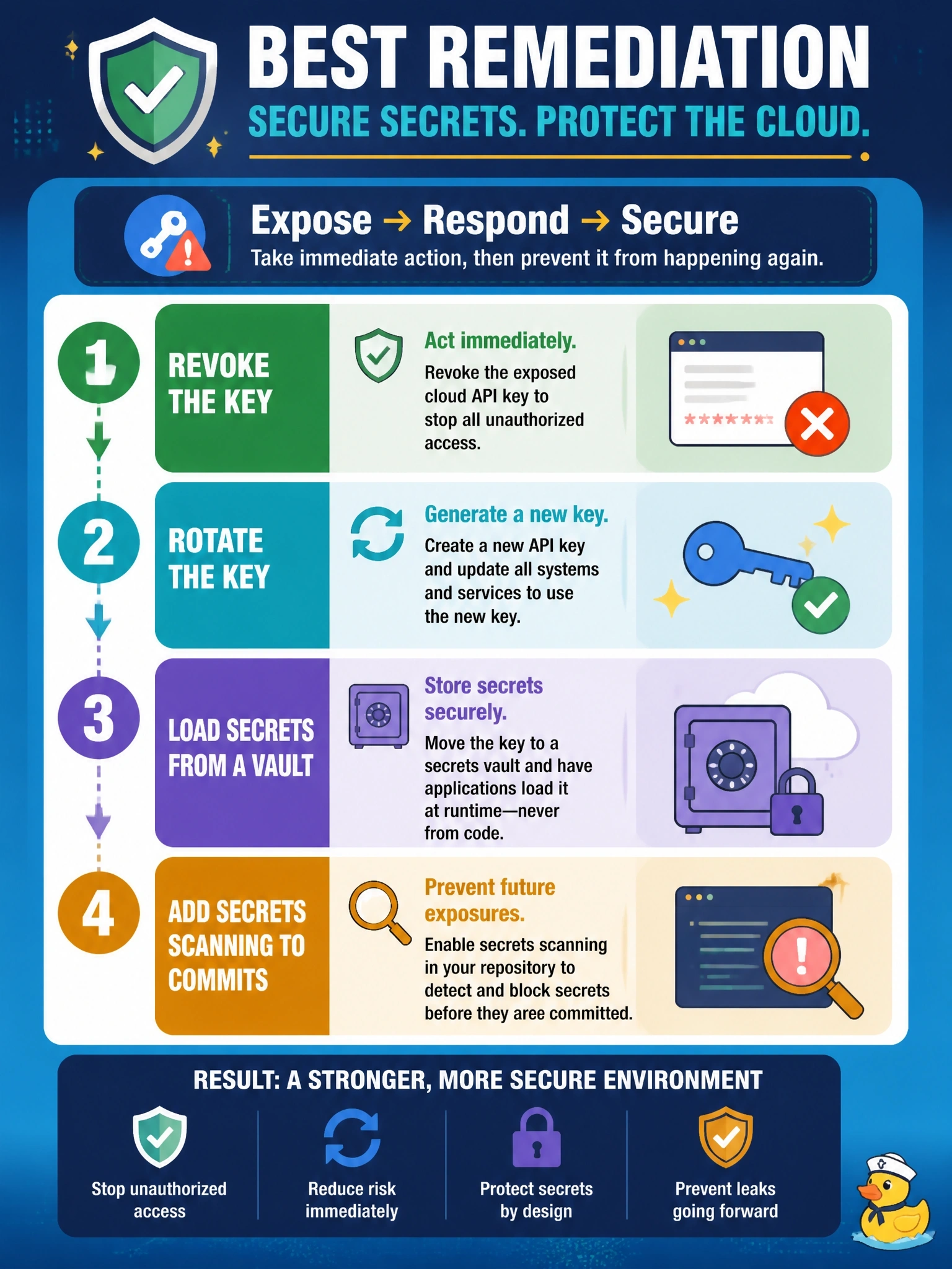 To Create an exciting colorful infographic that explains the concepts in the question: Question: A developer commits a configuration file containing a cloud API key to a public code repository. The security team discovers it two days later. What is the best remediation? Correct Answer: Revoke and rotate the key, then load secrets from a vault and add secrets scanning to commits Put EVERY visible label in double quotes. No people. No A/B/C/D letters. In one of the four corners put a little "Navy Duck".