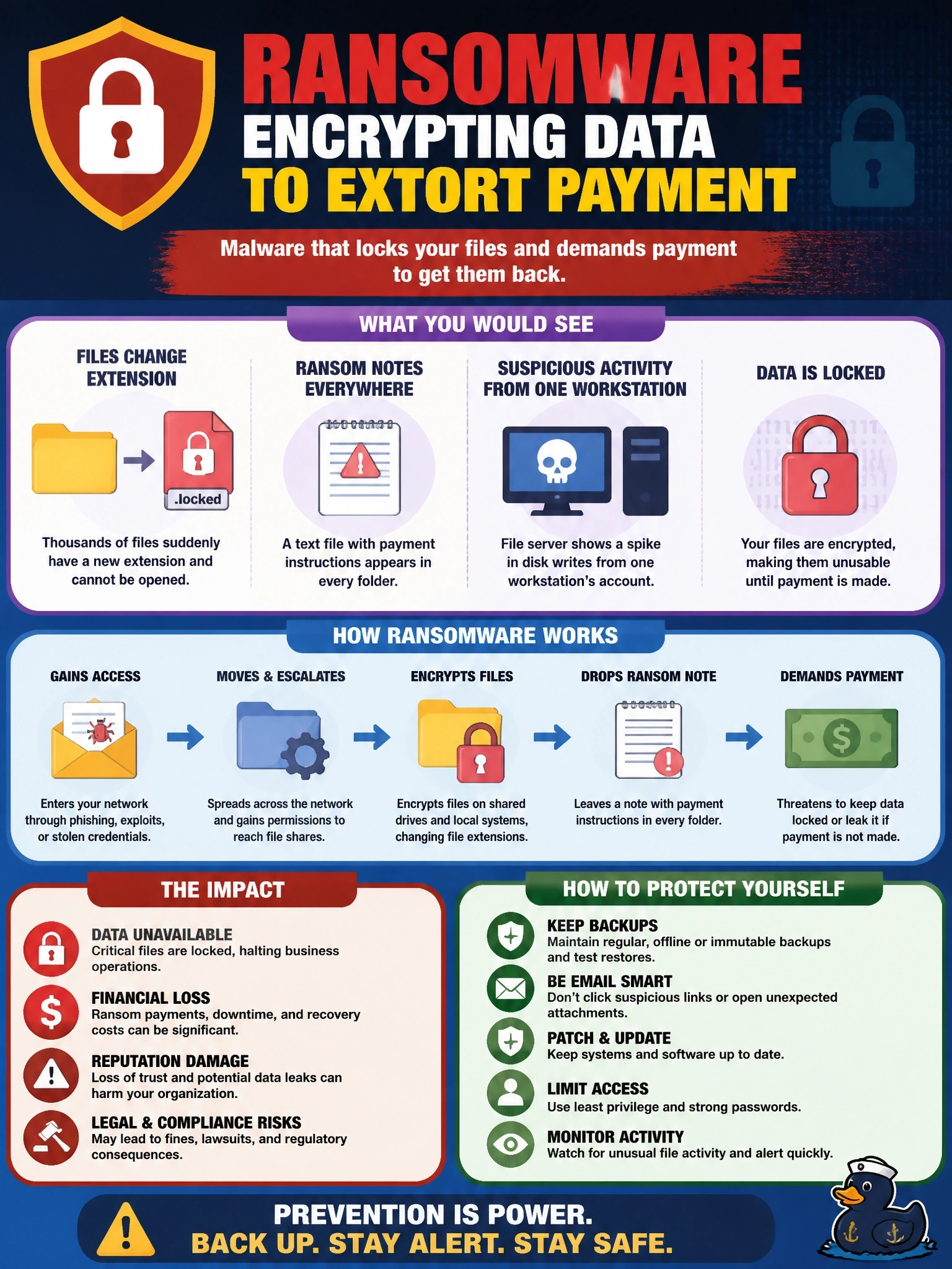 To Create an exciting colorful infographic that explains the concepts in the question: Question: On a shared drive, thousands of files suddenly have a new extension and cannot be opened. A text file with payment instructions appears in every folder, and the file server shows a spike in disk writes from one workstation's account. Which malware is indicated? Correct Answer: Ransomware encrypting data to extort payment Put EVERY visible label in double quotes. No people. No A/B/C/D letters. In one of the four corners put a little "Navy Duck".