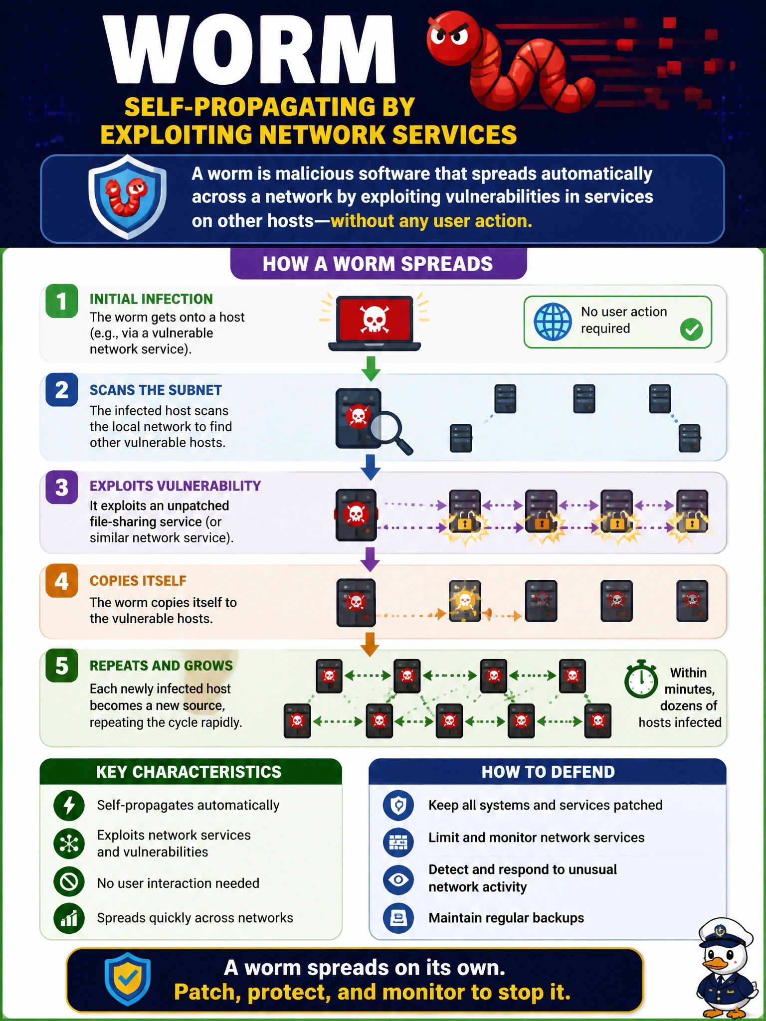 To Create an exciting colorful infographic that explains the concepts in the question: Question: Within an hour, malware appears on dozens of servers. No user opened an attachment or ran a file. Each infected host scans its subnet and exploits an unpatched file-sharing service on other hosts to copy itself. Which malware type is this? Correct Answer: A worm, self-propagating by exploiting network services Put EVERY visible label in double quotes. No people. No A/B/C/D letters. In one of the four corners put a little "Navy Duck".