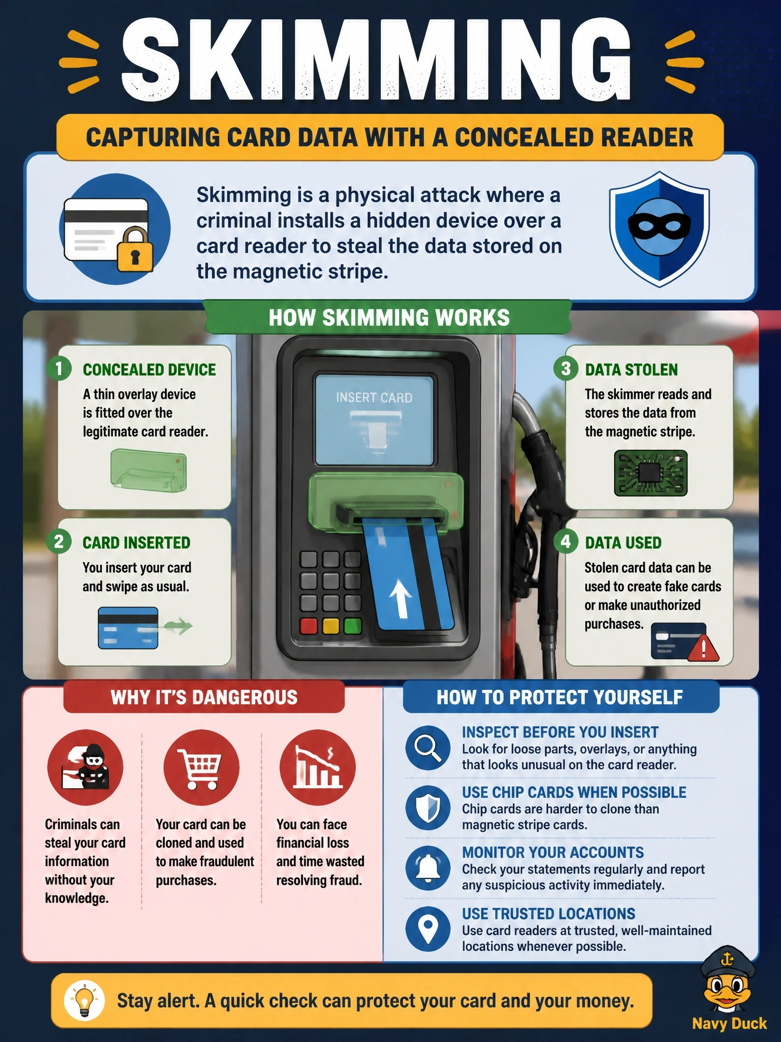 To Create an exciting colorful infographic that explains the concepts in the question: Question: During an inspection at a fuel station, technicians find thin overlay devices fitted over the card readers at several pumps. The overlays read the magnetic stripe of each card inserted. Which physical attack is this? Correct Answer: Skimming, capturing card data with a concealed reader Put EVERY visible label in double quotes. No people. No A/B/C/D letters. In one of the four corners put a little "Navy Duck".