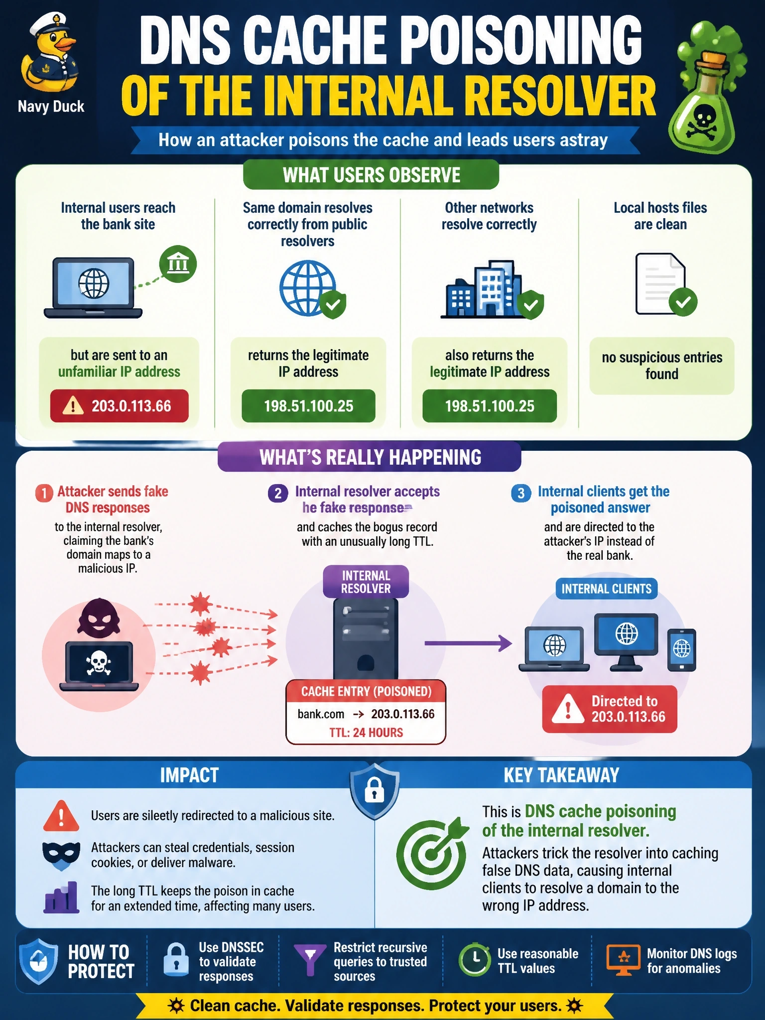 To Create an exciting colorful infographic that explains the concepts in the question: Question: Users on the corporate network report that their bank's domain resolves to an unfamiliar IP address. The same name resolves correctly from public resolvers and other networks, local hosts files are clean, and the internal resolver's cache holds the bogus record with an unusually long TTL. Which attack is indicated? Correct Answer: DNS cache poisoning of the internal resolver Put EVERY visible label in double quotes. No people. No A/B/C/D letters. In one of the four corners put a little "Navy Duck".