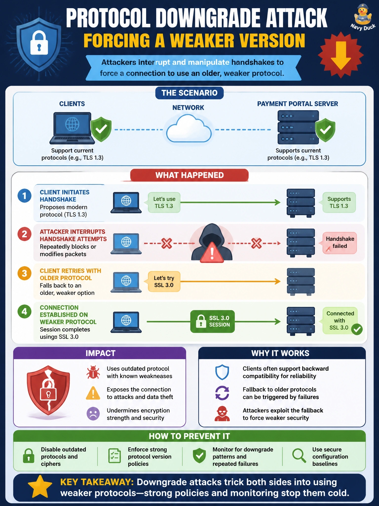 To Create an exciting colorful infographic that explains the concepts in the question: Question: A security analyst reviewing handshake logs for a payment portal sees that several client sessions normally negotiated with TLS 1.3 were instead completed with SSL 3.0 after the first handshake attempts were repeatedly interrupted. Both the clients and the server support current protocol versions. Which attack do these indicators MOST likely point to? Correct Answer: A protocol downgrade attack forcing a weaker version Put EVERY visible label in double quotes. No people. No A/B/C/D letters. In one of the four corners put a little "Navy Duck".