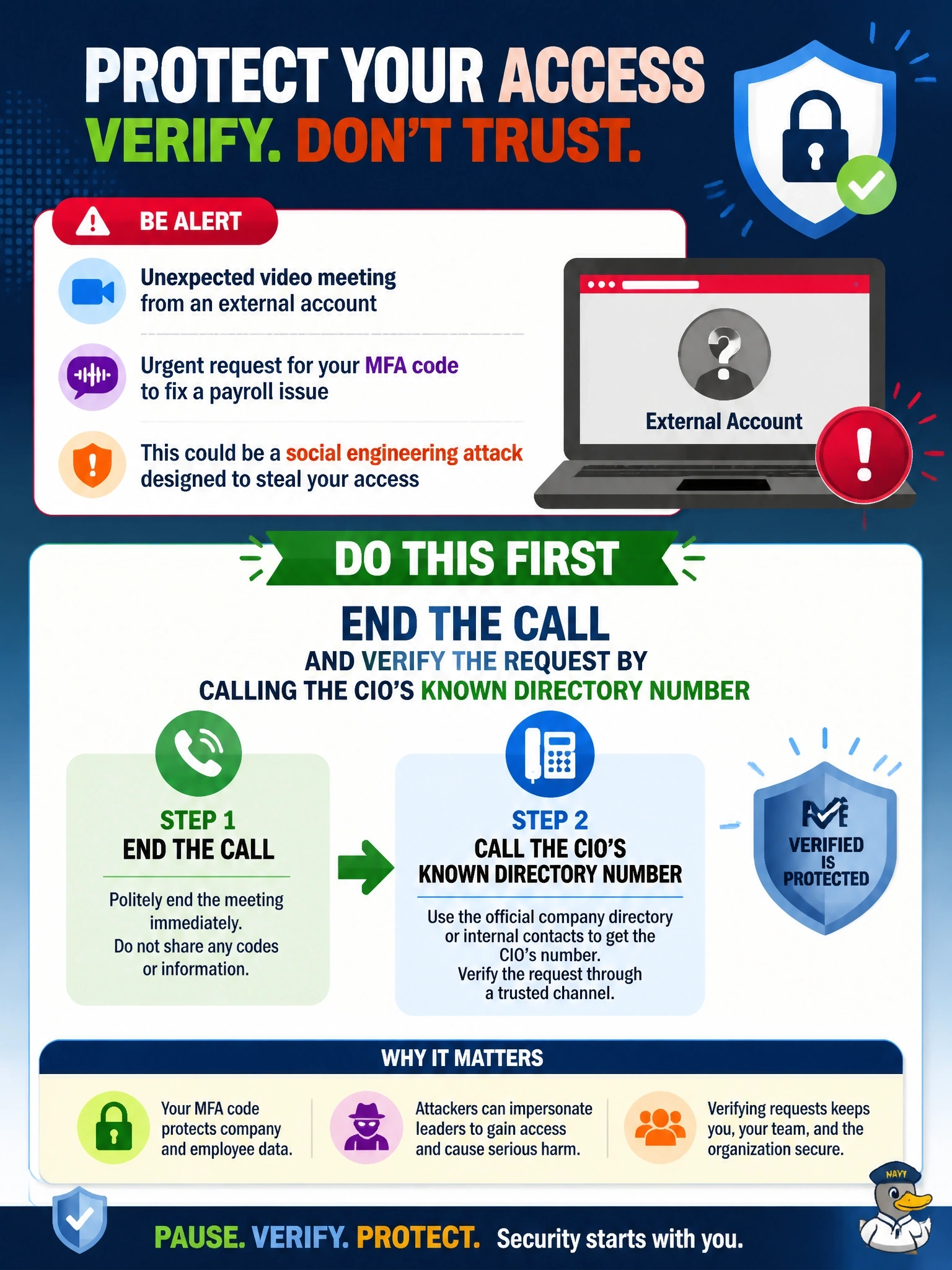 To Create an exciting colorful infographic that explains the concepts in the question: Question: During a video meeting, a finance employee sees and hears what appears to be the CIO asking for the employee's current MFA code to fix an urgent payroll issue. The meeting was started from an external account the employee has never seen before. What should the employee do FIRST? Correct Answer: End the call and verify the request by calling the CIO's known directory number Put EVERY visible label in double quotes. No people. No A/B/C/D letters. In one of the four corners put a little "Navy Duck".