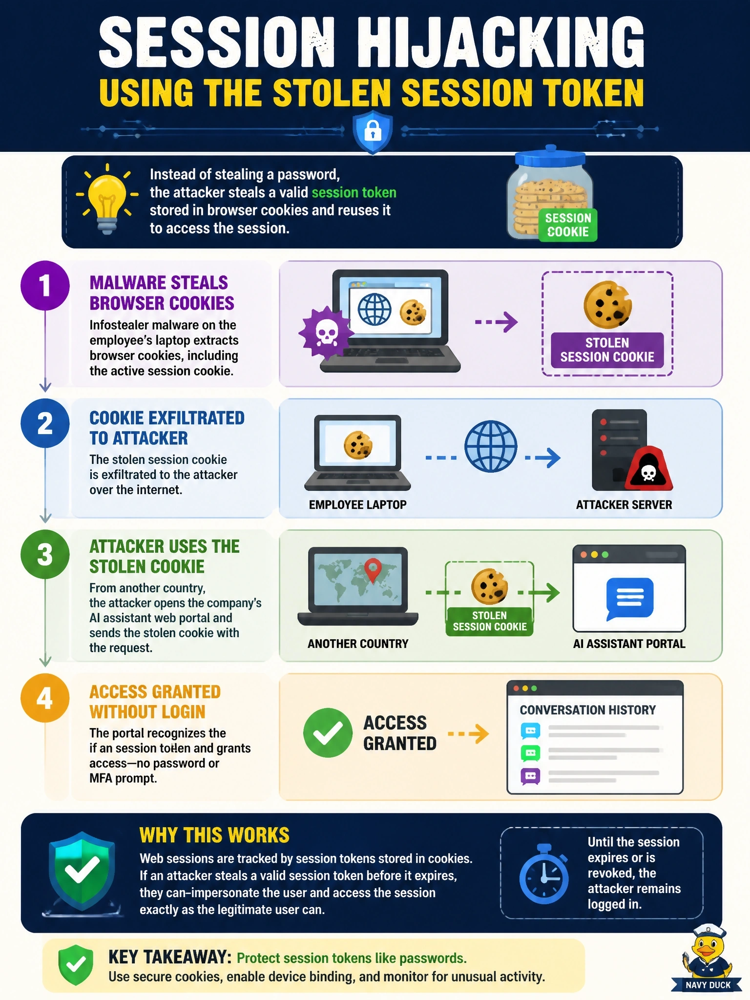 To Create an exciting colorful infographic that explains the concepts in the question: Question: Infostealer malware on an employee's laptop exfiltrates browser cookies. Hours later, an attacker opens the company's AI assistant web portal from another country and reads the employee's full conversation history without receiving any password or MFA prompt. Which attack BEST explains this access? Correct Answer: Session hijacking using the stolen session token Put EVERY visible label in double quotes. No people. No A/B/C/D letters. In one of the four corners put a little "Navy Duck".