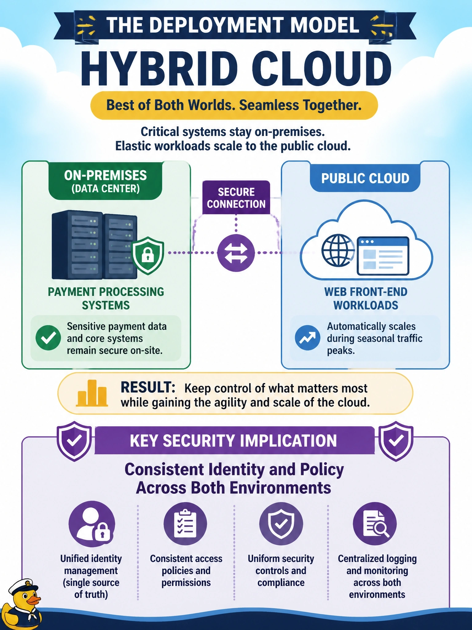 To Create an exciting colorful infographic that explains the concepts in the question: Question: A retailer keeps its payment-processing systems in its own data center but automatically shifts web front-end workloads to a public cloud provider during seasonal traffic peaks. Which deployment model is this, and what is a key security implication? Correct Answer: Hybrid cloud, requiring consistent identity and policy across both environments Put EVERY visible label in double quotes. No people. No A/B/C/D letters. In one of the four corners put a little "Navy Duck".