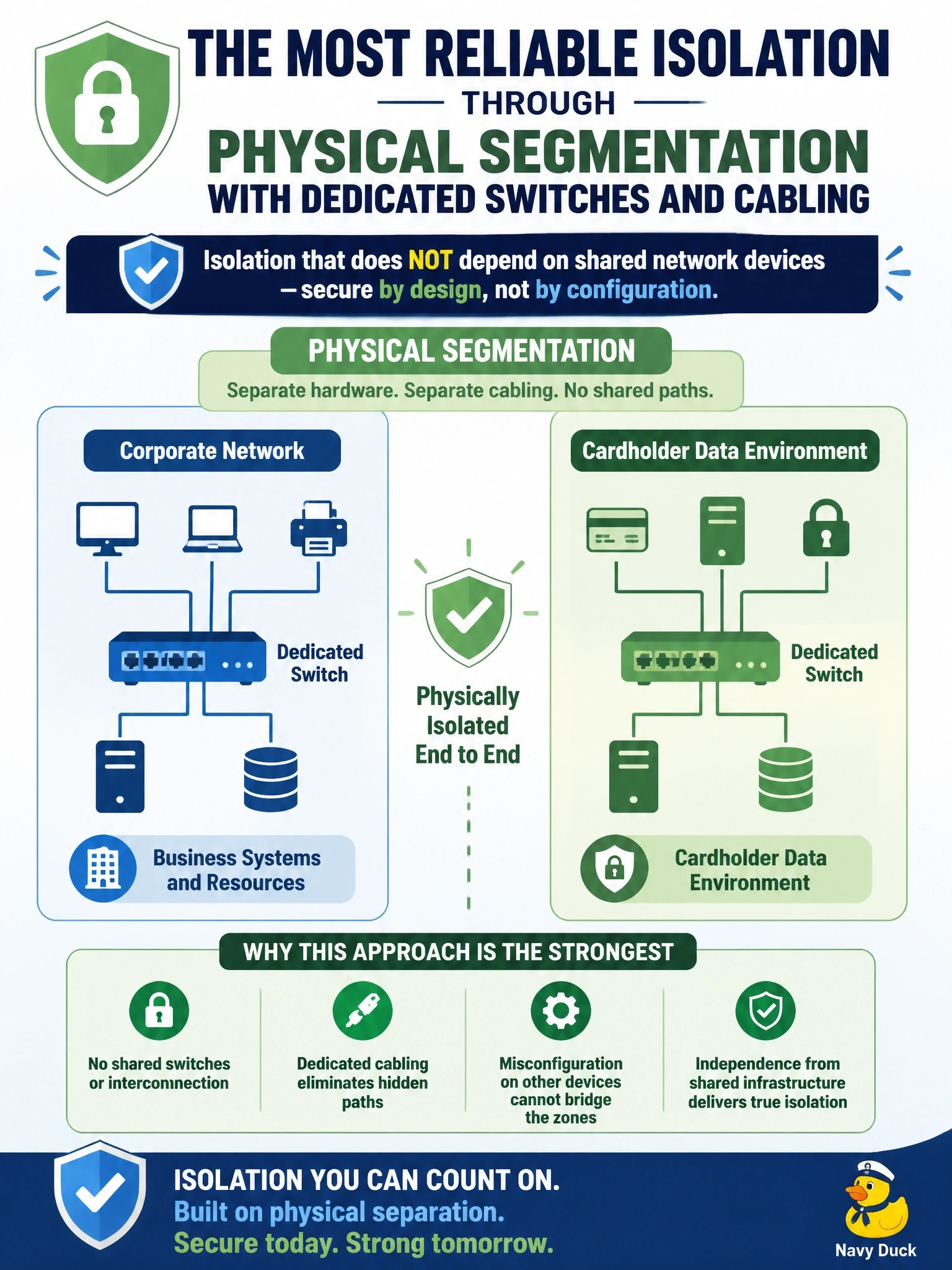 To Create an exciting colorful infographic that explains the concepts in the question: Question: A retailer must isolate its cardholder data environment from the rest of the network. An assessor warns that with VLANs on shared switches, a single switch misconfiguration could bridge the zones. Management requires isolation that does not depend on the configuration of shared network devices, regardless of cost. Which approach meets this requirement? Correct Answer: Physical segmentation using dedicated switches and cabling Put EVERY visible label in double quotes. No people. No A/B/C/D letters. In one of the four corners put a little "Navy Duck".