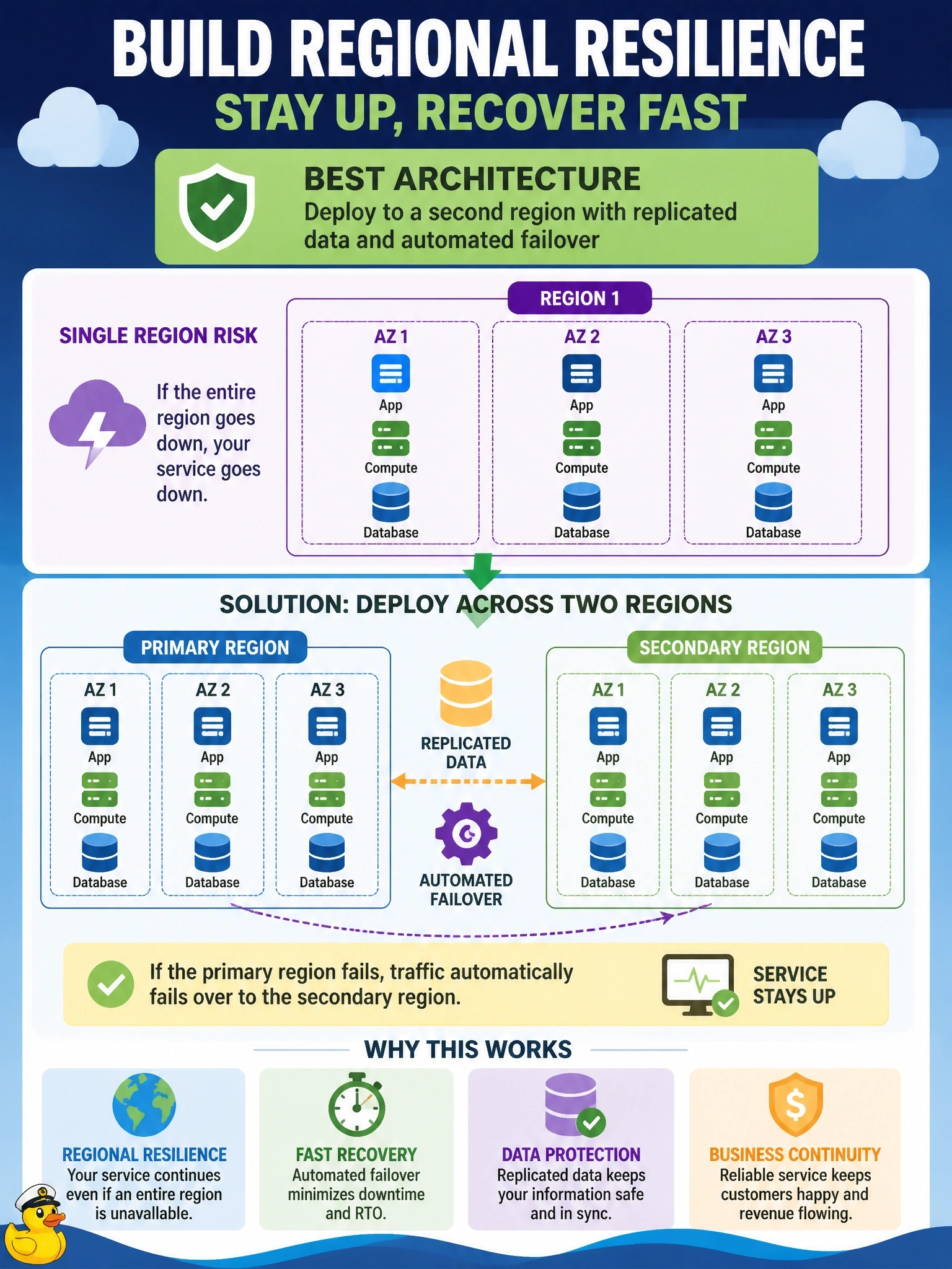 To Create an exciting colorful infographic that explains the concepts in the question: Question: An online service runs entirely in one cloud region, spread across that region's availability zones. The business now requires the service to keep running and recover quickly even if the entire region becomes unavailable. Which architectural change BEST meets this requirement? Correct Answer: Deploy to a second region with replicated data and automated failover Put EVERY visible label in double quotes. No people. No A/B/C/D letters. In one of the four corners put a little "Navy Duck".