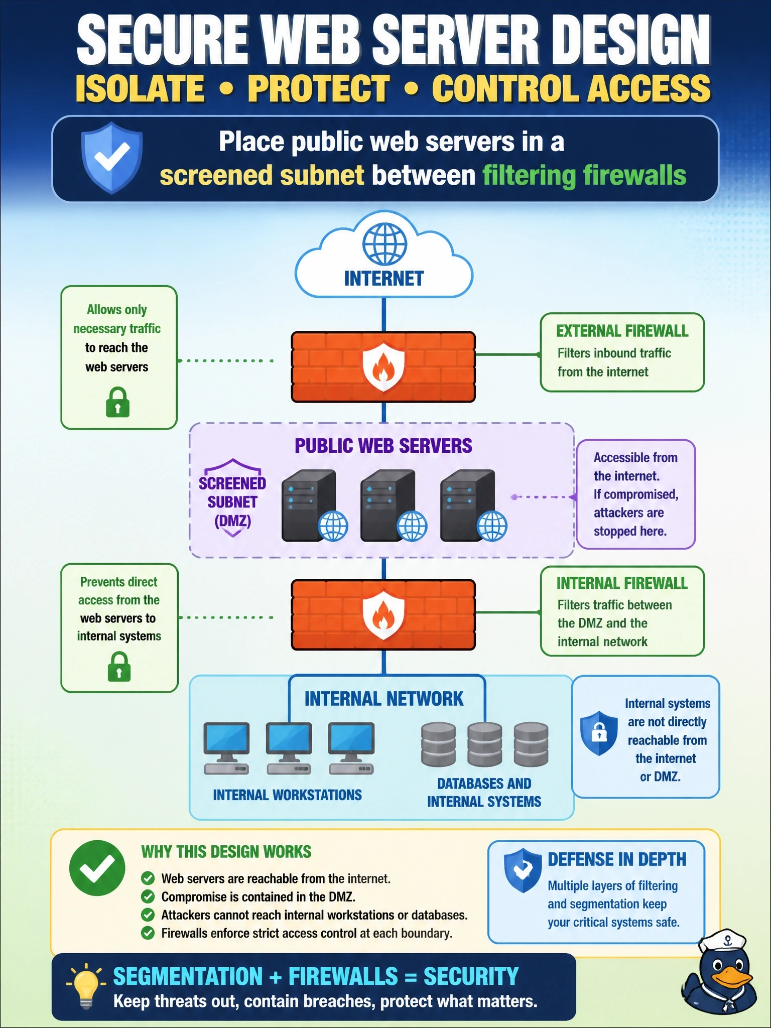 To Create an exciting colorful infographic that explains the concepts in the question: Question: An organization hosts public web servers that must be reachable from the internet, but if one is compromised, the attacker must not have direct access to internal workstations and databases. Which design BEST meets this requirement? Correct Answer: Place the web servers in a screened subnet between filtering firewalls Put EVERY visible label in double quotes. No people. No A/B/C/D letters. In one of the four corners put a little "Navy Duck".