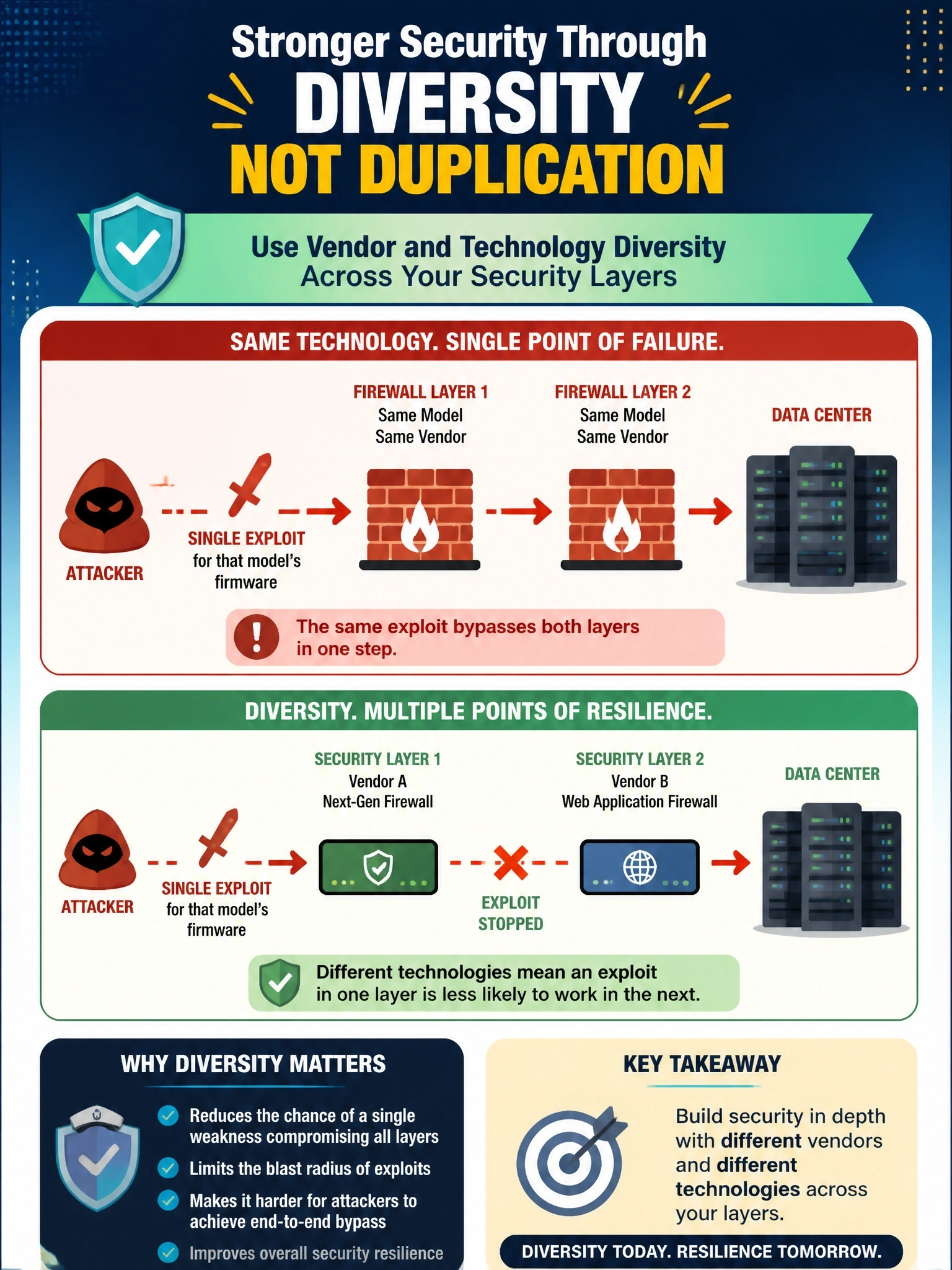 To Create an exciting colorful infographic that explains the concepts in the question: Question: A company protects its data center with two layers of firewalls, both the same model from the same vendor. An attacker uses a single exploit for that model's firmware to bypass both layers in one step. Which architectural principle would MOST directly have reduced this risk? Correct Answer: Vendor and technology diversity across the security layers Put EVERY visible label in double quotes. No people. No A/B/C/D letters. In one of the four corners put a little "Navy Duck".