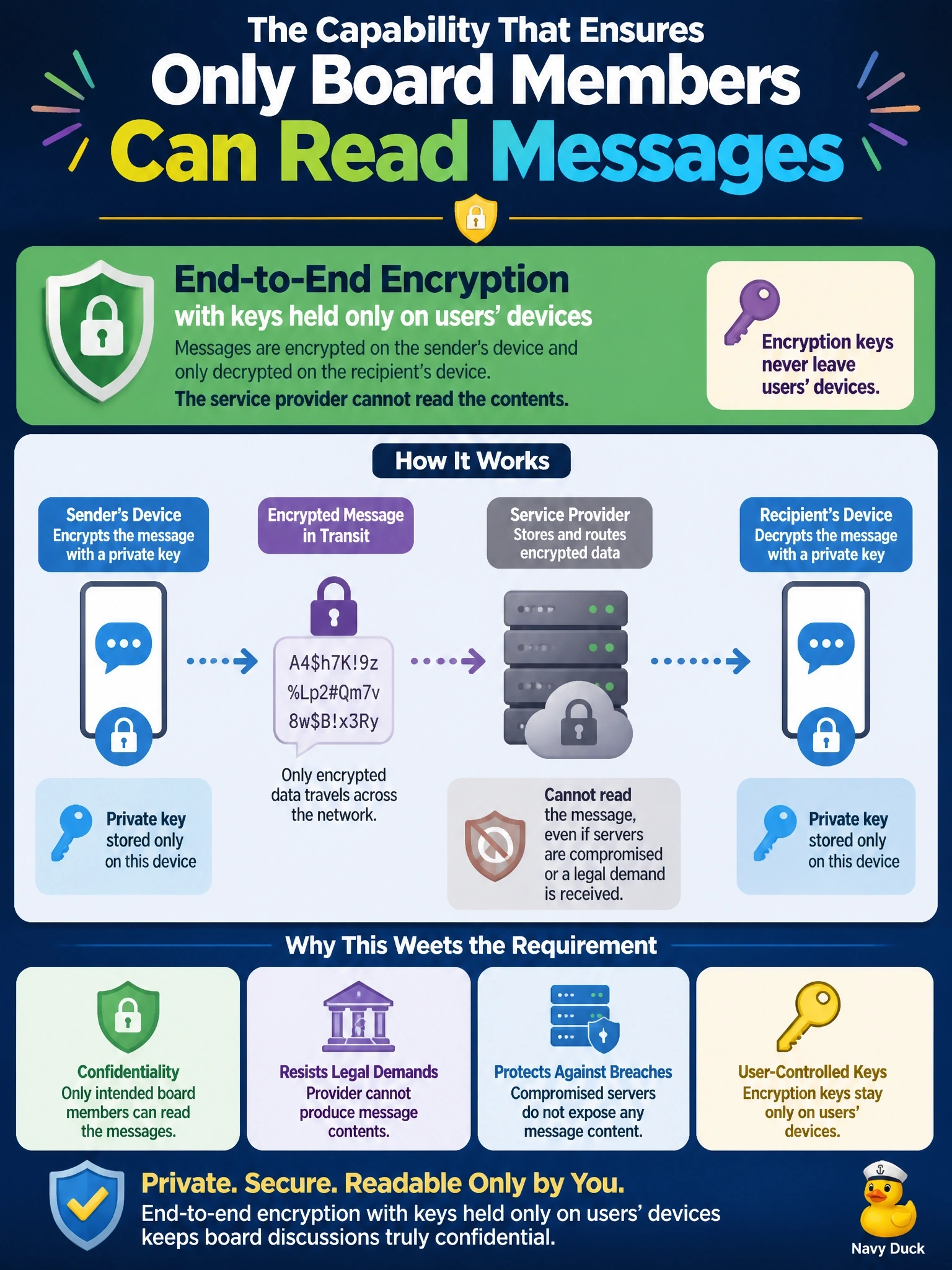 To Create an exciting colorful infographic that explains the concepts in the question: Question: Executives want a messaging platform for board discussions with the requirement that the service provider itself must be unable to read message contents, even if its servers are compromised or it receives a legal demand. Which capability BEST satisfies this requirement? Correct Answer: End-to-end encryption with keys held only on users' devices Put EVERY visible label in double quotes. No people. No A/B/C/D letters. In one of the four corners put a little "Navy Duck".