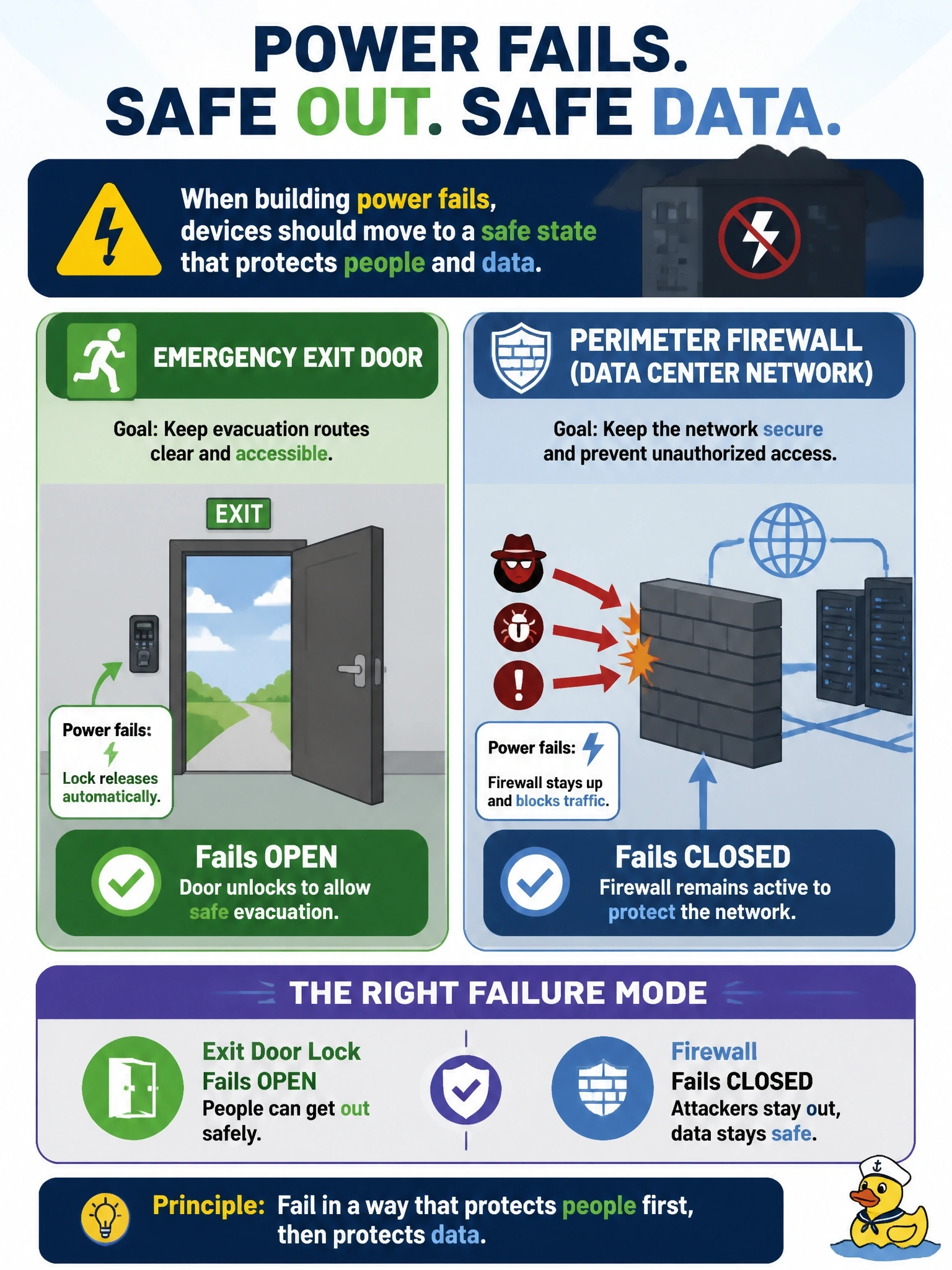 To Create an exciting colorful infographic that explains the concepts in the question: Question: A building's power fails. The electronic lock on an emergency exit door along an evacuation route and the perimeter firewall protecting the data center network are both affected. Which failure mode configuration is MOST appropriate for these two devices? Correct Answer: The exit door lock fails open, and the firewall fails closed Put EVERY visible label in double quotes. No people. No A/B/C/D letters. In one of the four corners put a little "Navy Duck".