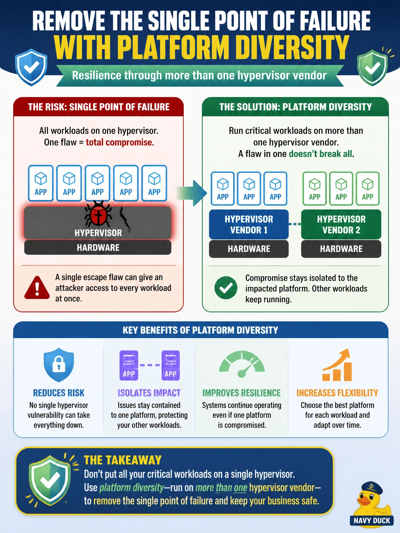 To Create an exciting colorful infographic that explains the concepts in the question: Question: Every production workload a company runs sits on a single hypervisor product, and a new advisory warns that one escape flaw in that hypervisor could let an attacker compromise all of the workloads at once. Which resilience strategy most directly removes this single point of failure? Correct Answer: Platform diversity, running critical workloads on more than one hypervisor vendor Put EVERY visible label in double quotes. No people. No A/B/C/D letters. In one of the four corners put a little "Navy Duck".