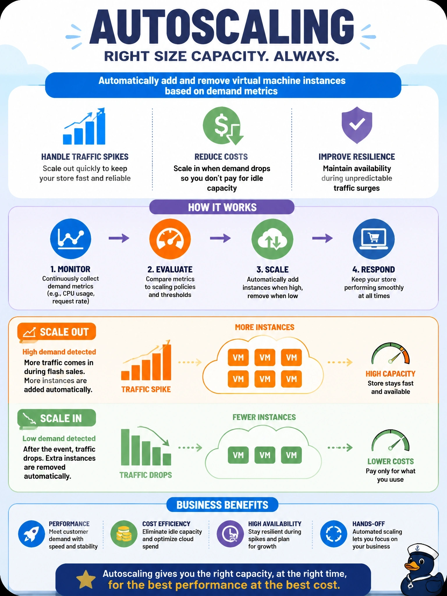 To Create an exciting colorful infographic that explains the concepts in the question: Question: An online store running on cloud virtual machines is overwhelmed by traffic spikes during flash sales, while between events the extra capacity it keeps running sits idle and costs money. Which resilience approach best addresses both problems? Correct Answer: Autoscaling that adds and removes instances based on demand metrics Put EVERY visible label in double quotes. No people. No A/B/C/D letters. In one of the four corners put a little "Navy Duck".